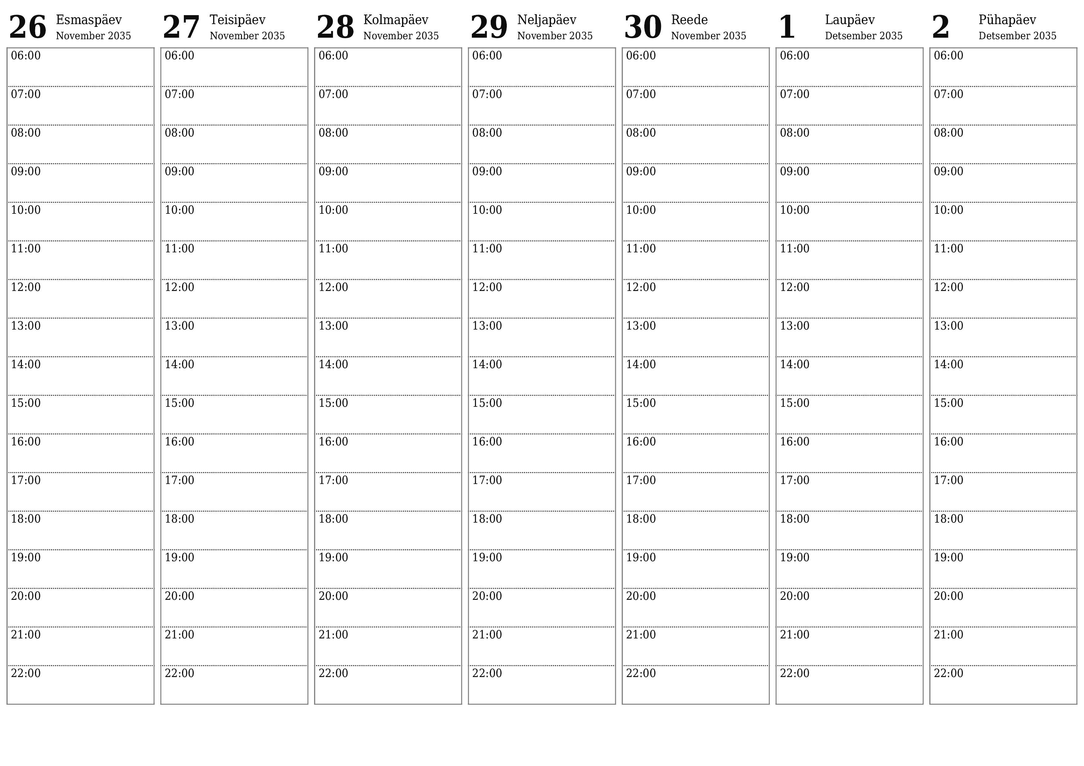 Tühjendage nädala planeerija nädalaid Detsember 2035 märkmetega, salvestage ja printige PDF-i PNG Estonian