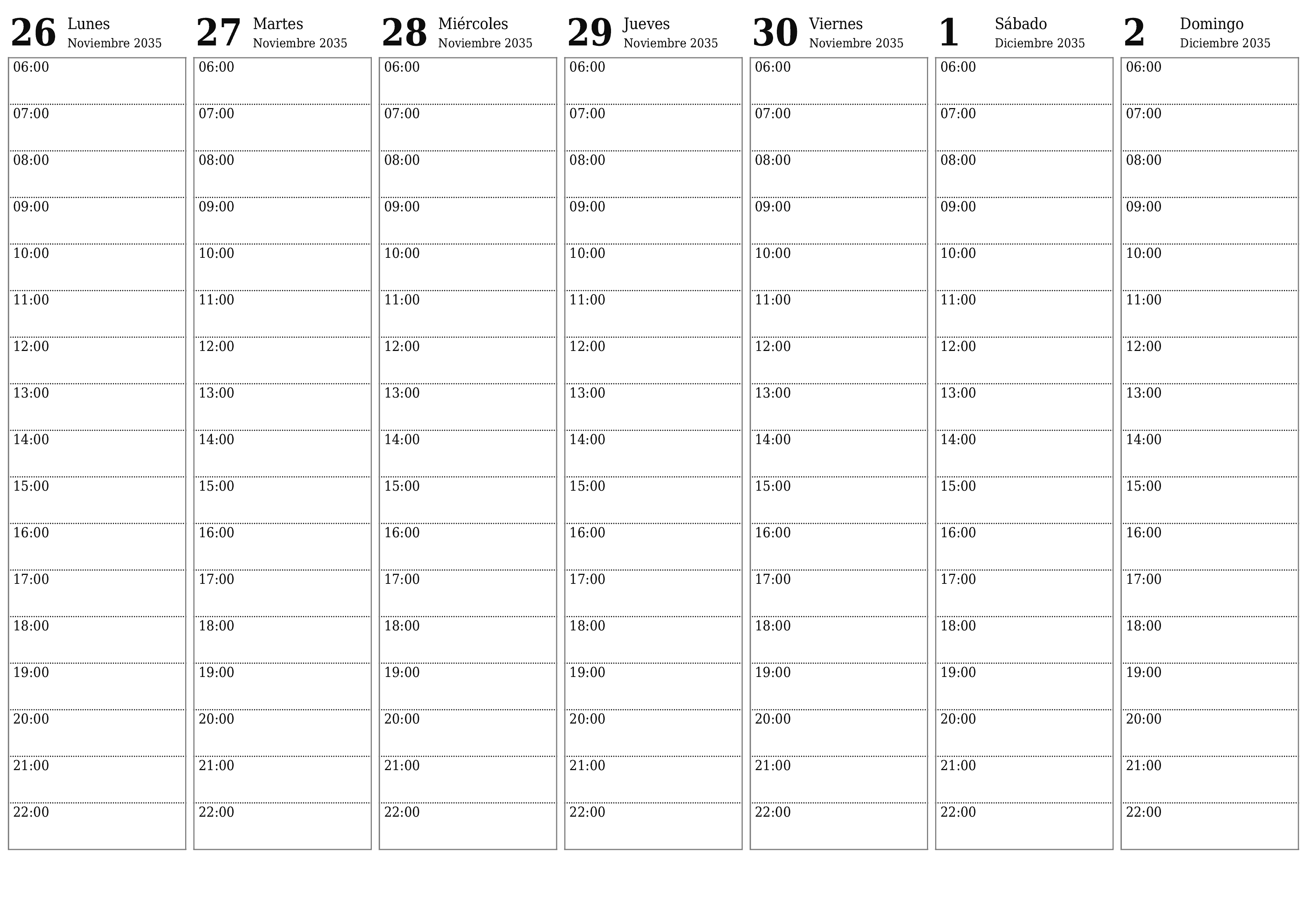 Planificador semanal vacío para semanas Diciembre 2035 con notas, guardar e imprimir en PDF PNG Spanish