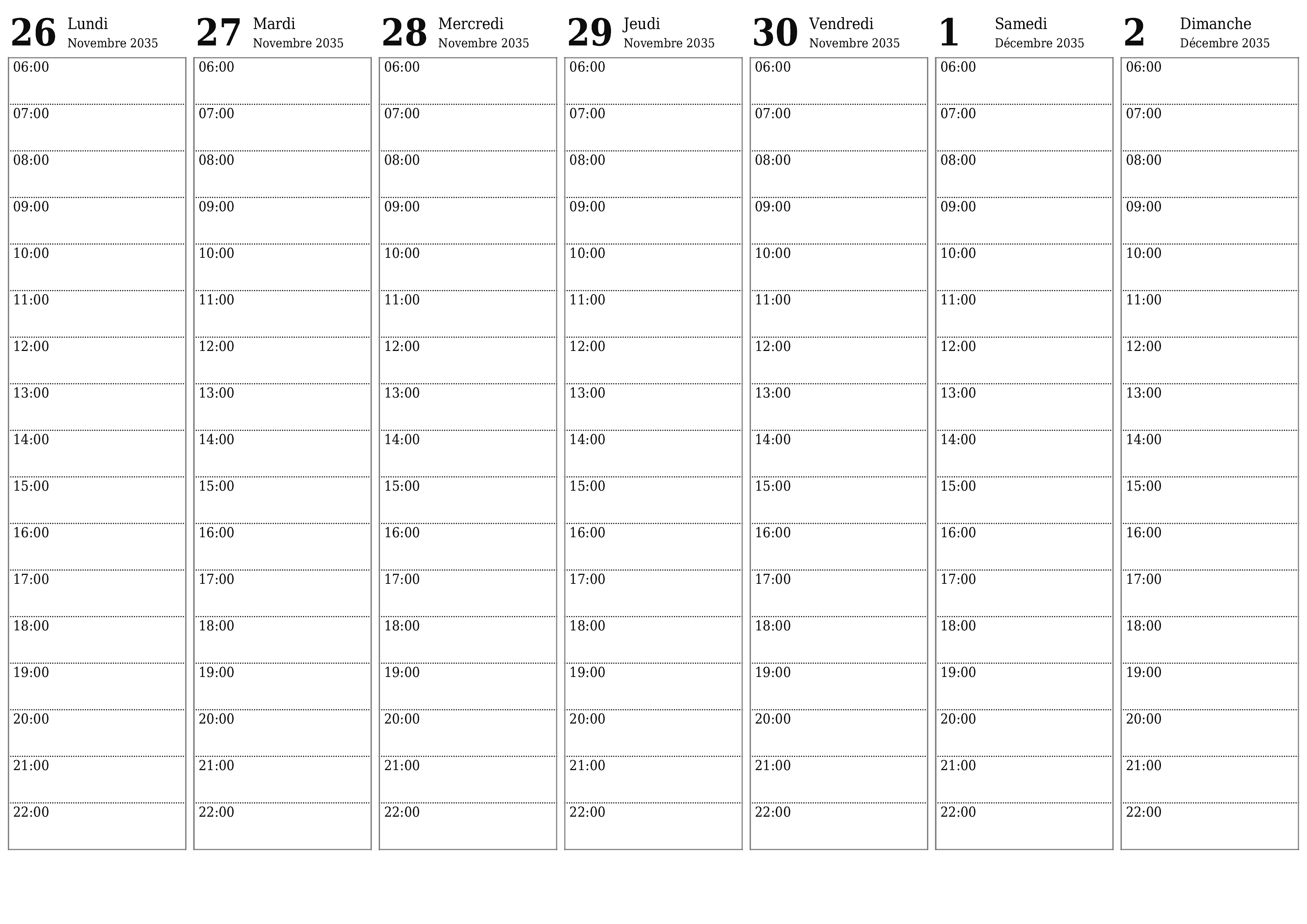 Agenda hebdomadaire vide pendant des semaines Décembre 2035 avec notes, enregistrez et imprimez au format PDF PNG French