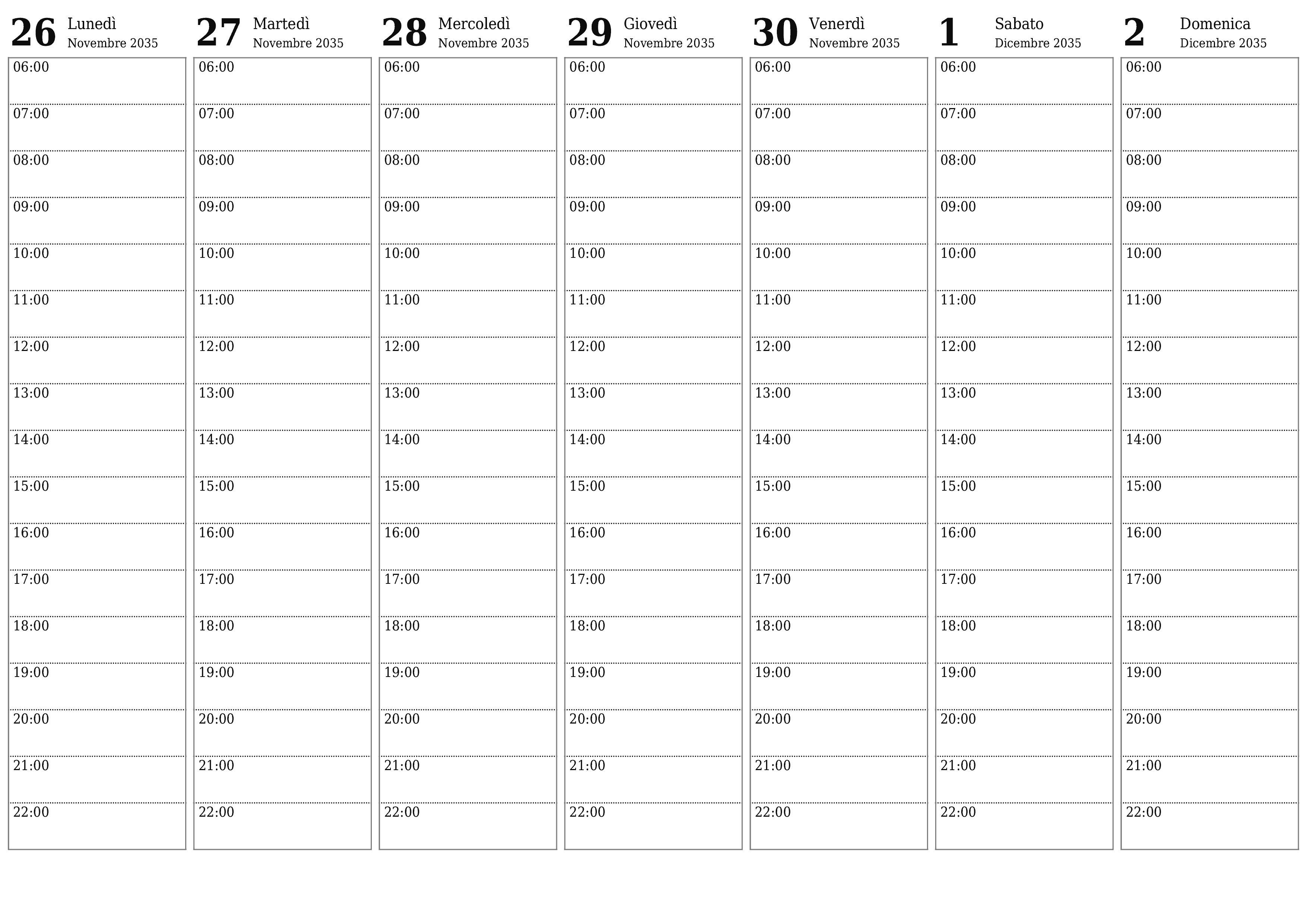 Agenda settimanale vuota per settimane Dicembre 2035 con note, salva e stampa in PDF PNG Italian