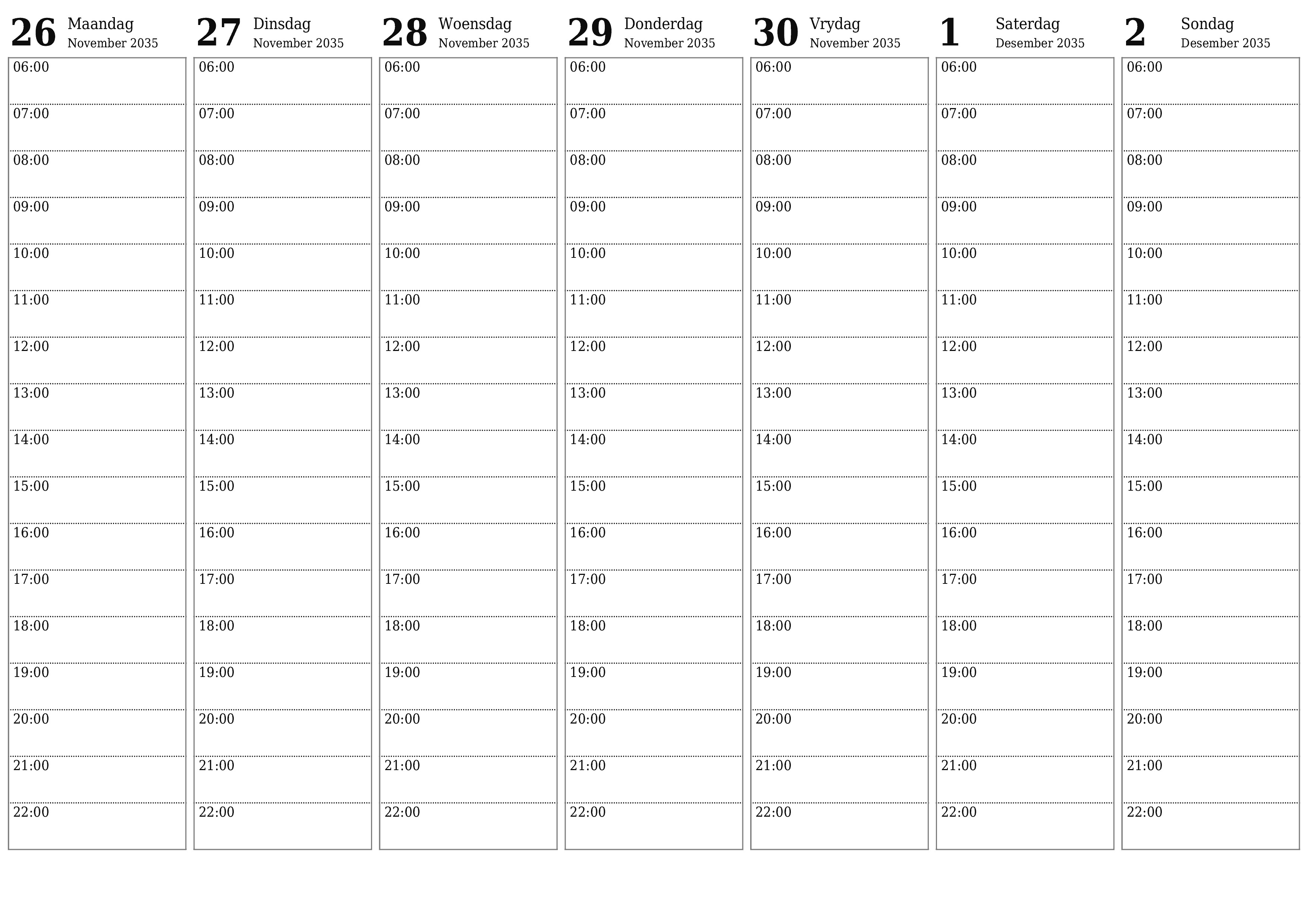 Leë weeklikse drukbare kalender en beplanner vir week Desember 2035 met notas, stoor en druk na PDF PNG Afrikaans