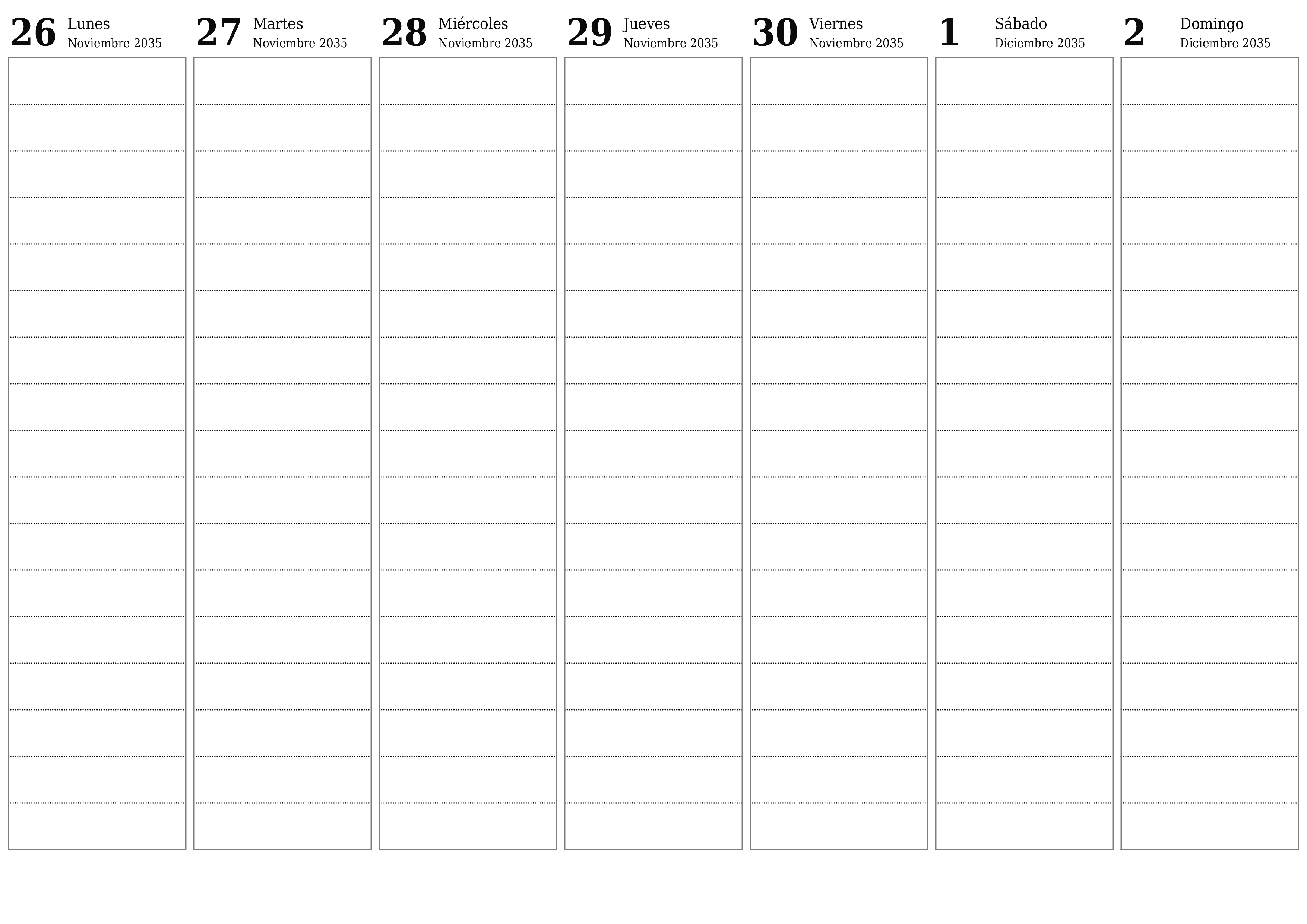 Planificador semanal vacío para semanas Diciembre 2035 con notas, guardar e imprimir en PDF PNG Spanish