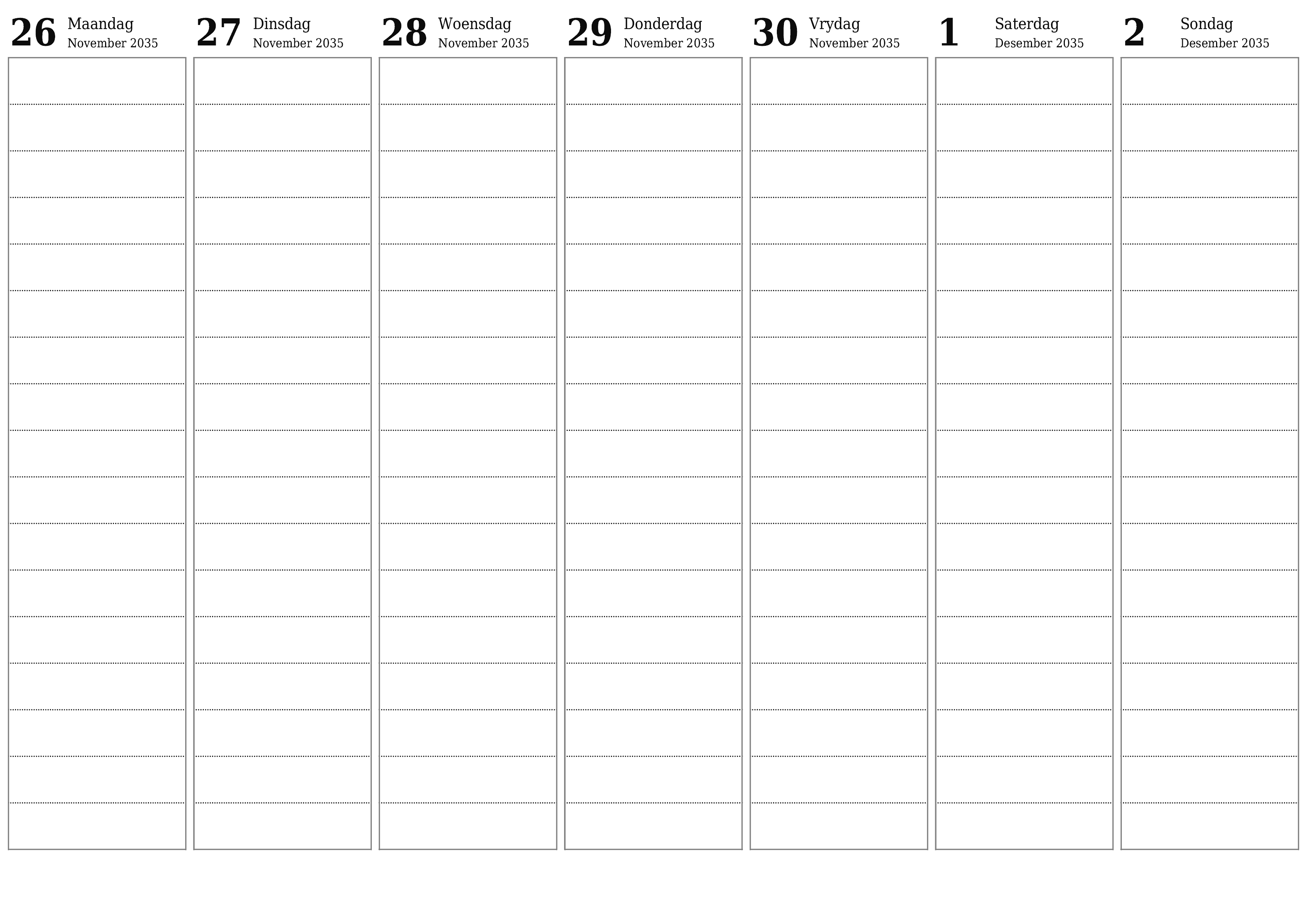 drukbare muur template gratis horisontaal Weekliks beplanner kalender Desember (Des) 2035