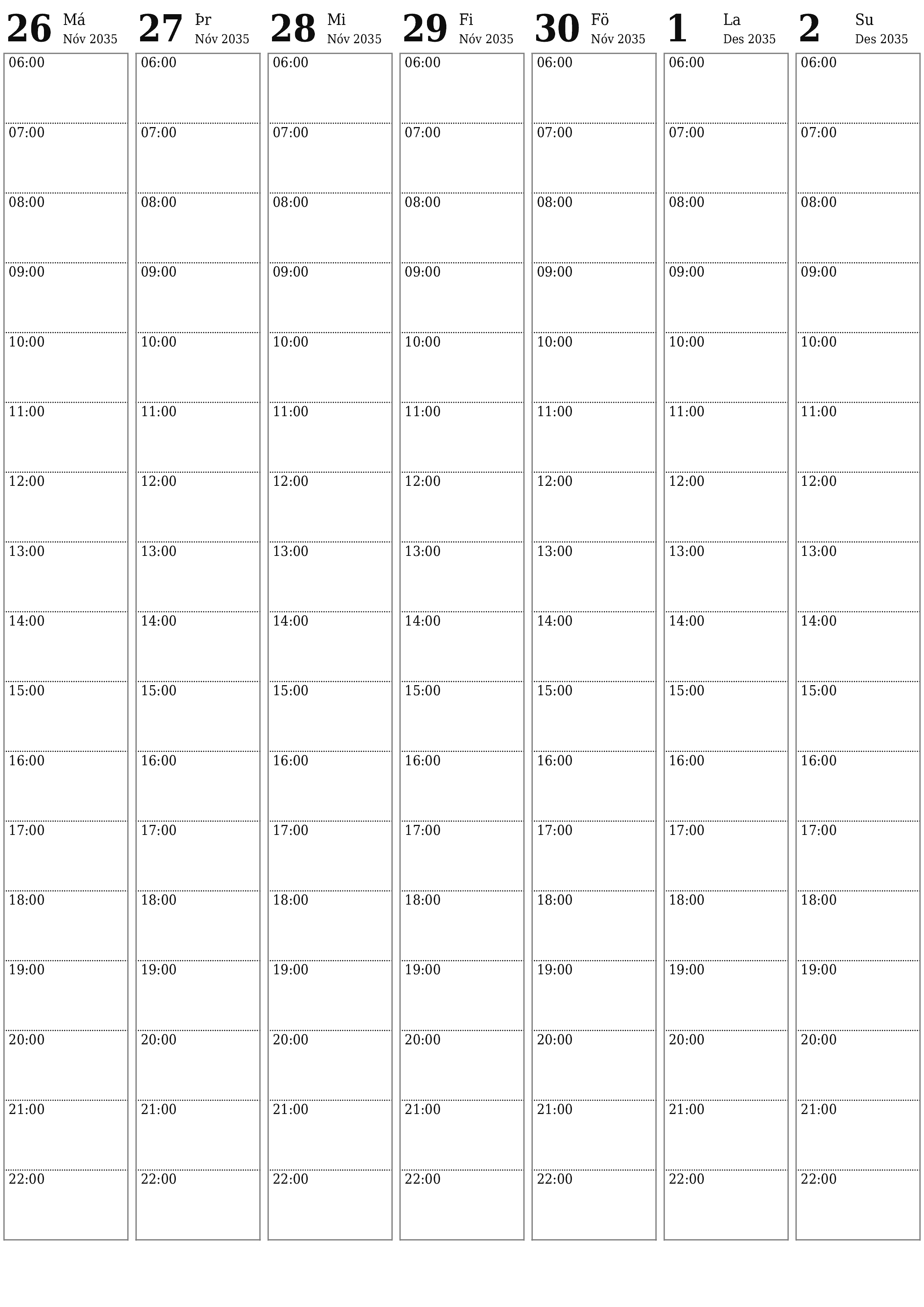 Tómur vikulegur skipuleggjandi vikum saman Desember 2035 með athugasemdum, vistaðu og prentaðu á PDF PNG Icelandic