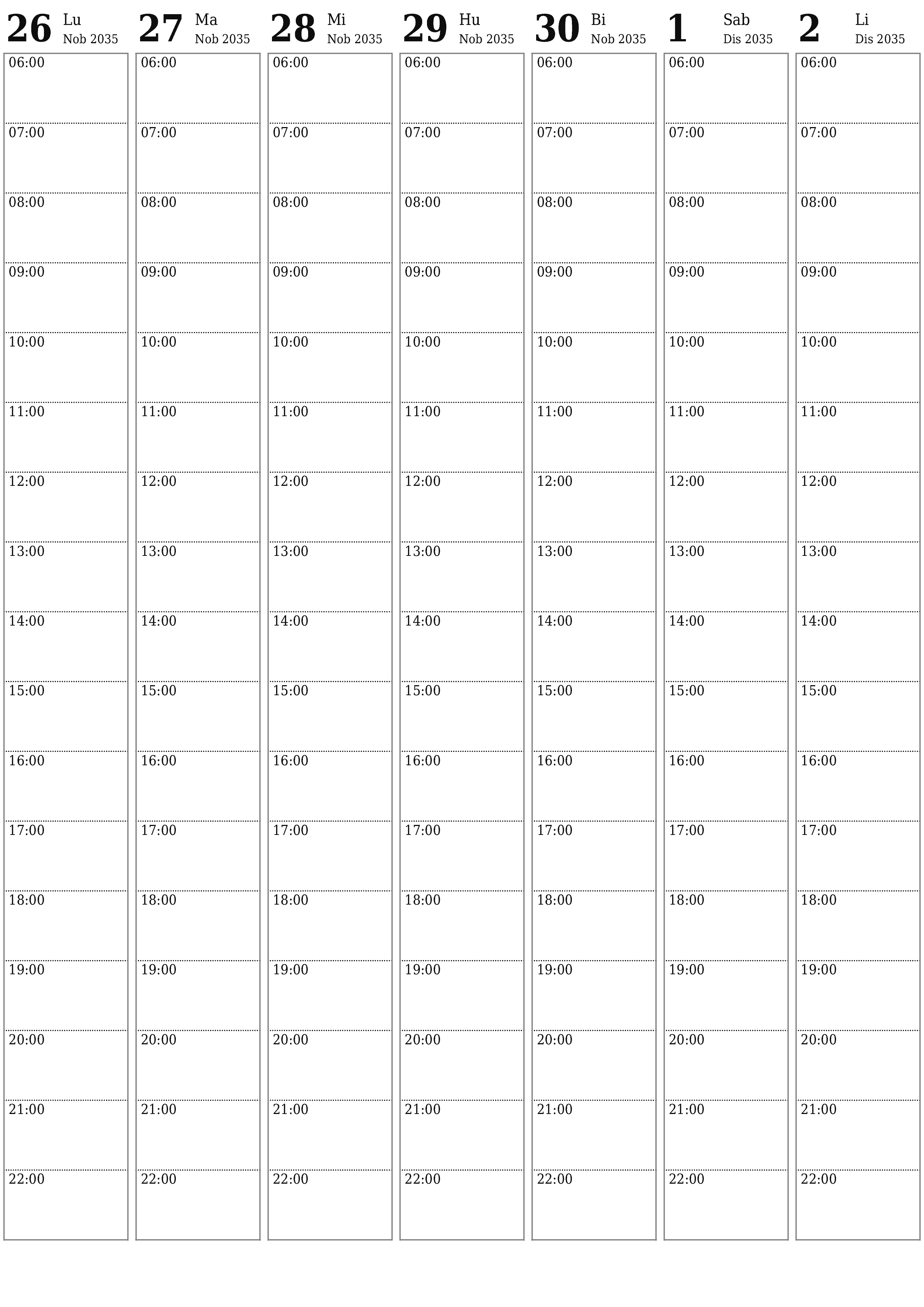 Walang laman lingguhang tagaplano para sa mga linggo Disyembre 2035 na may mga tala, i-save at i-print sa PDF PNG Filipino