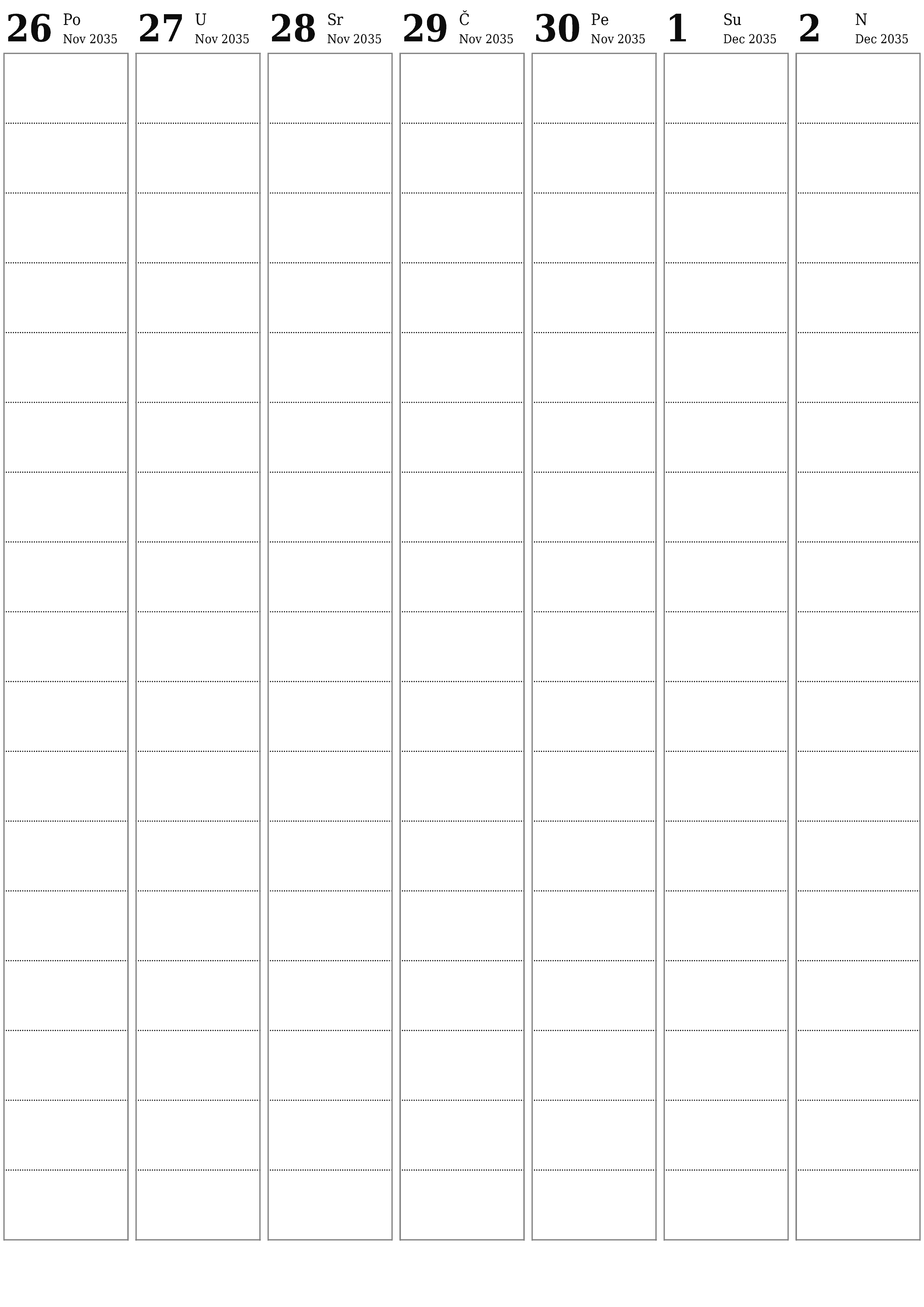  za štampanje zidni šablon a besplatni vertikalno Tjedno planer kalendar Decembar (Dec) 2035