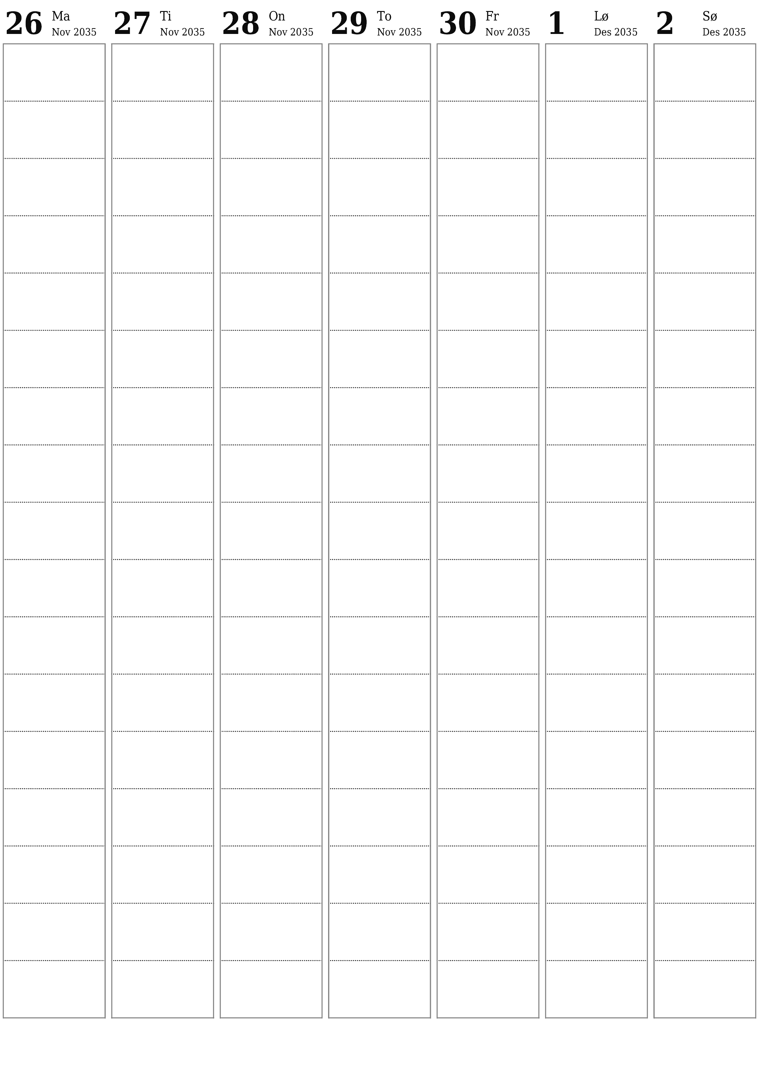 utskrivbar vegg mal gratis vertikal Ukentlig planlegger kalender Desember (Des) 2035