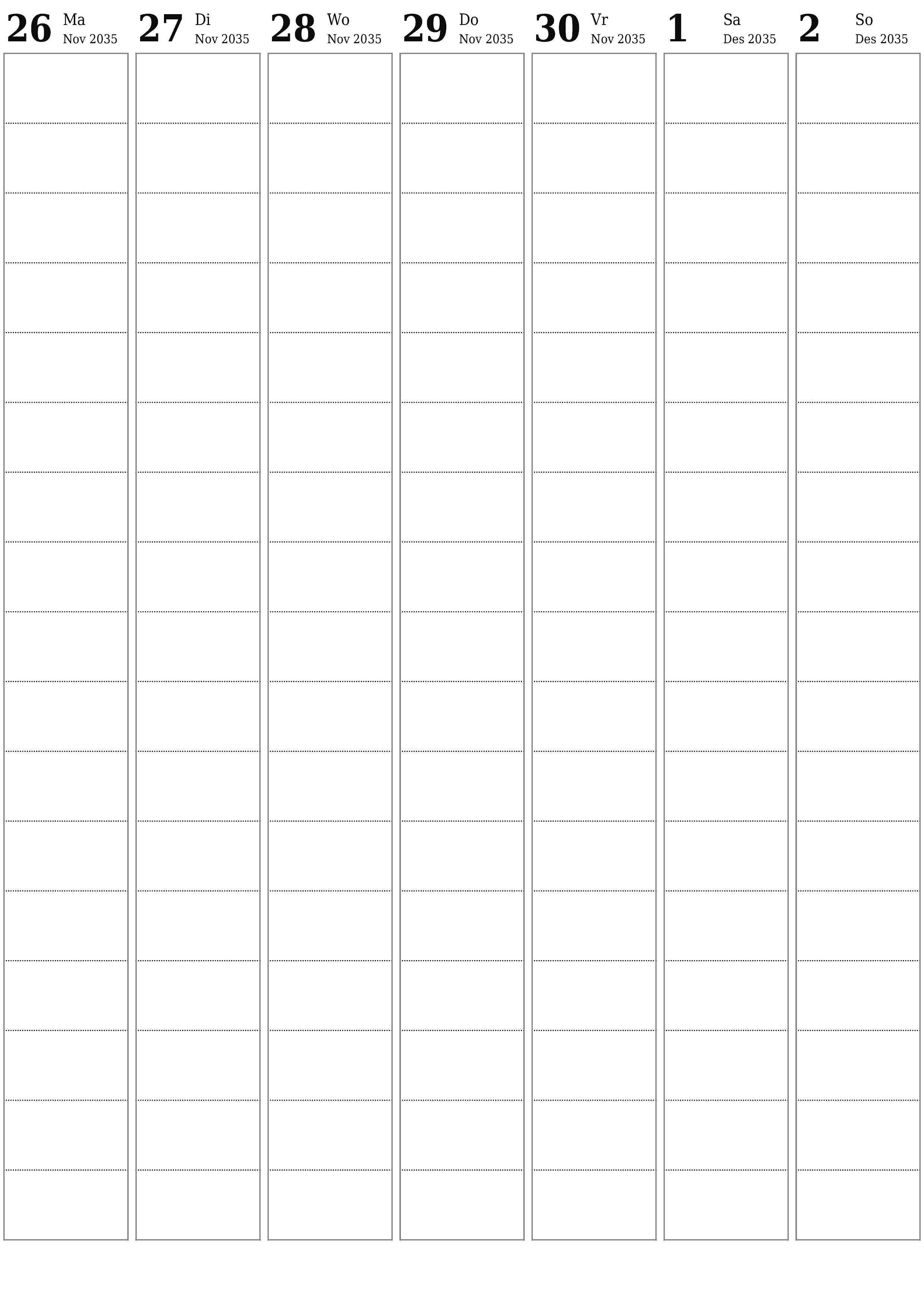 drukbare muur template gratis vertikaal Weekliks beplanner kalender Desember (Des) 2035