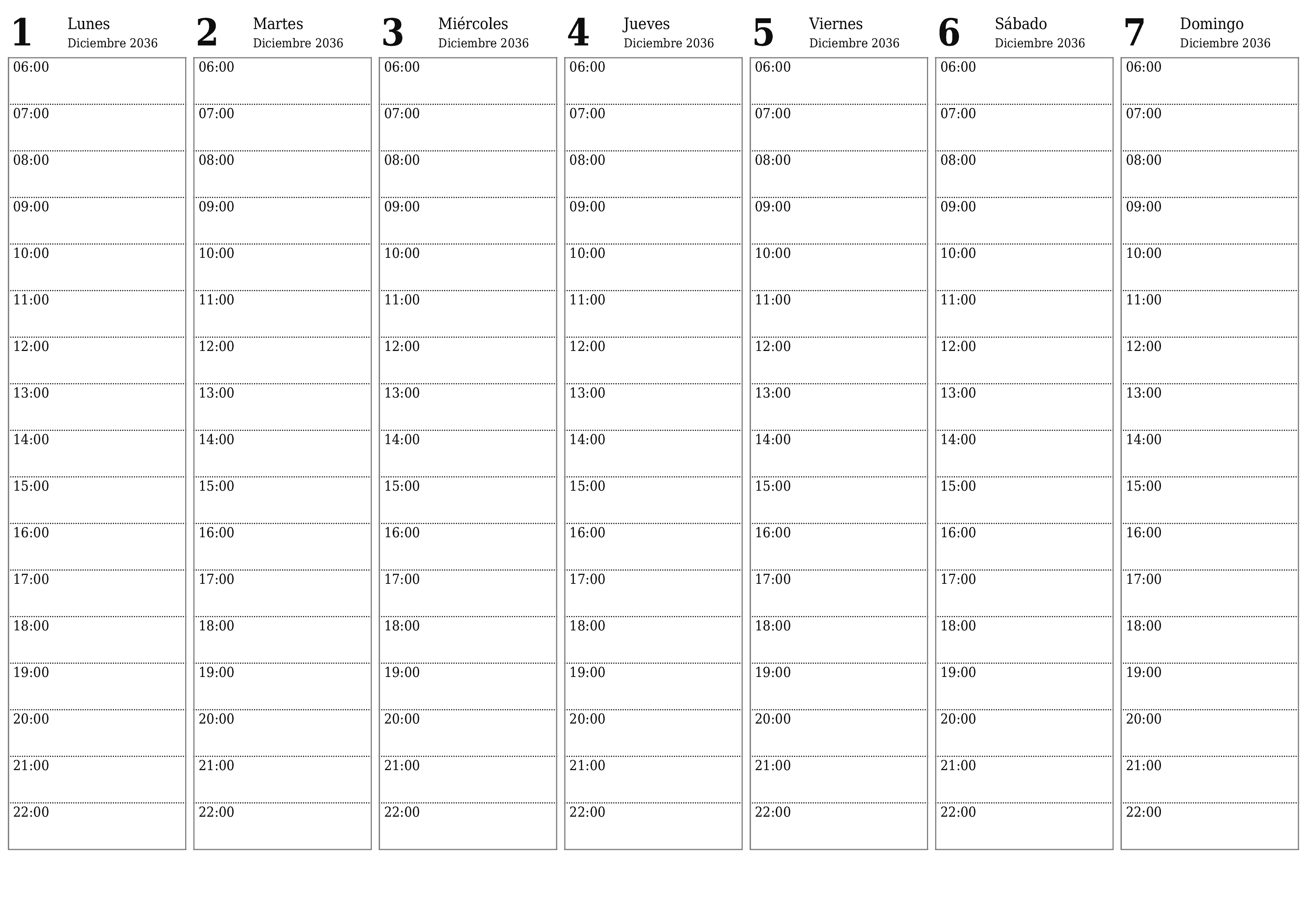 Planificador semanal vacío para semanas Diciembre 2036 con notas, guardar e imprimir en PDF PNG Spanish