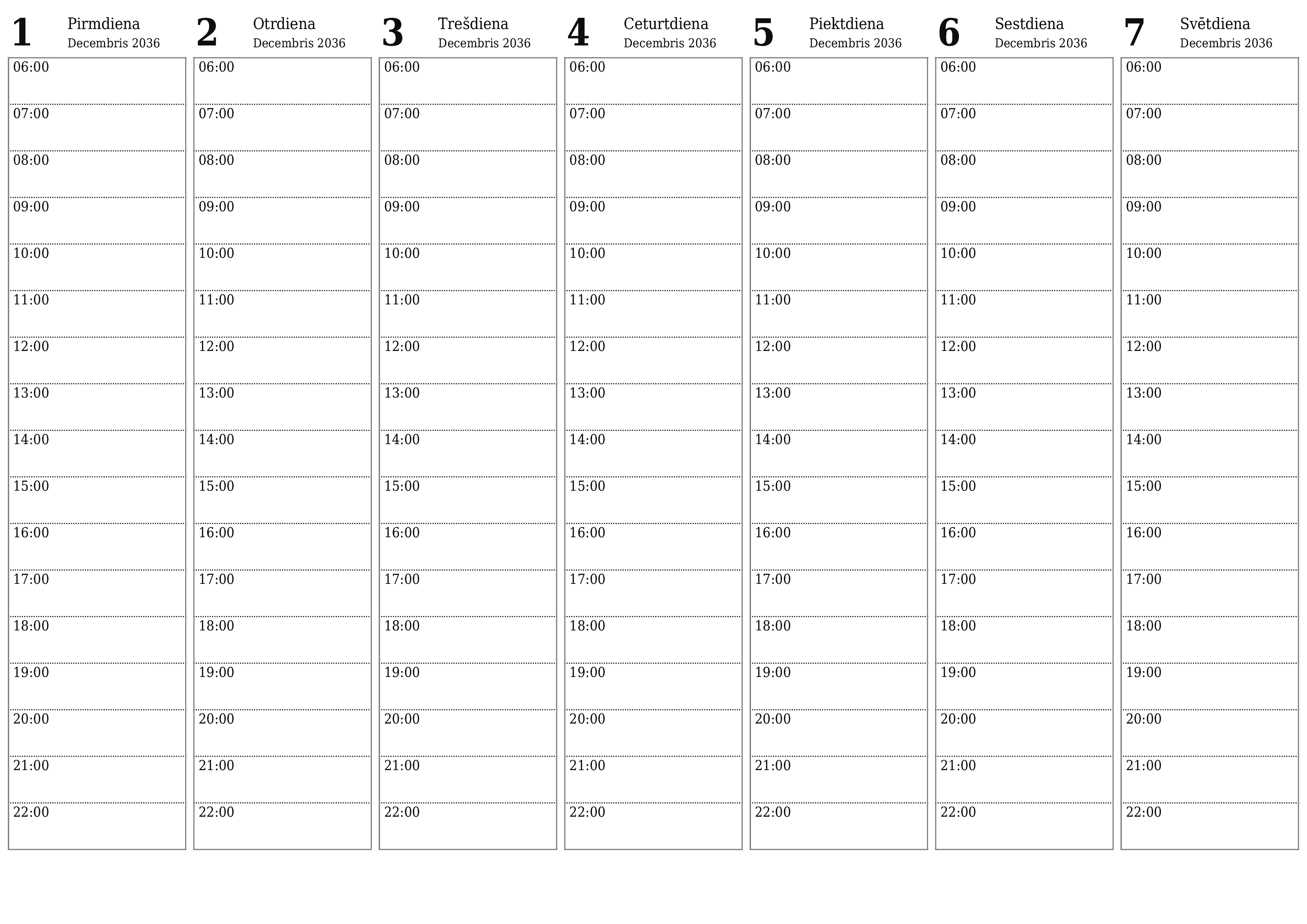 Iztukšojiet nedēļas plānotāju nedēļām Decembris 2036 ar piezīmēm, saglabājiet un izdrukājiet PDF formātā PNG Latvian