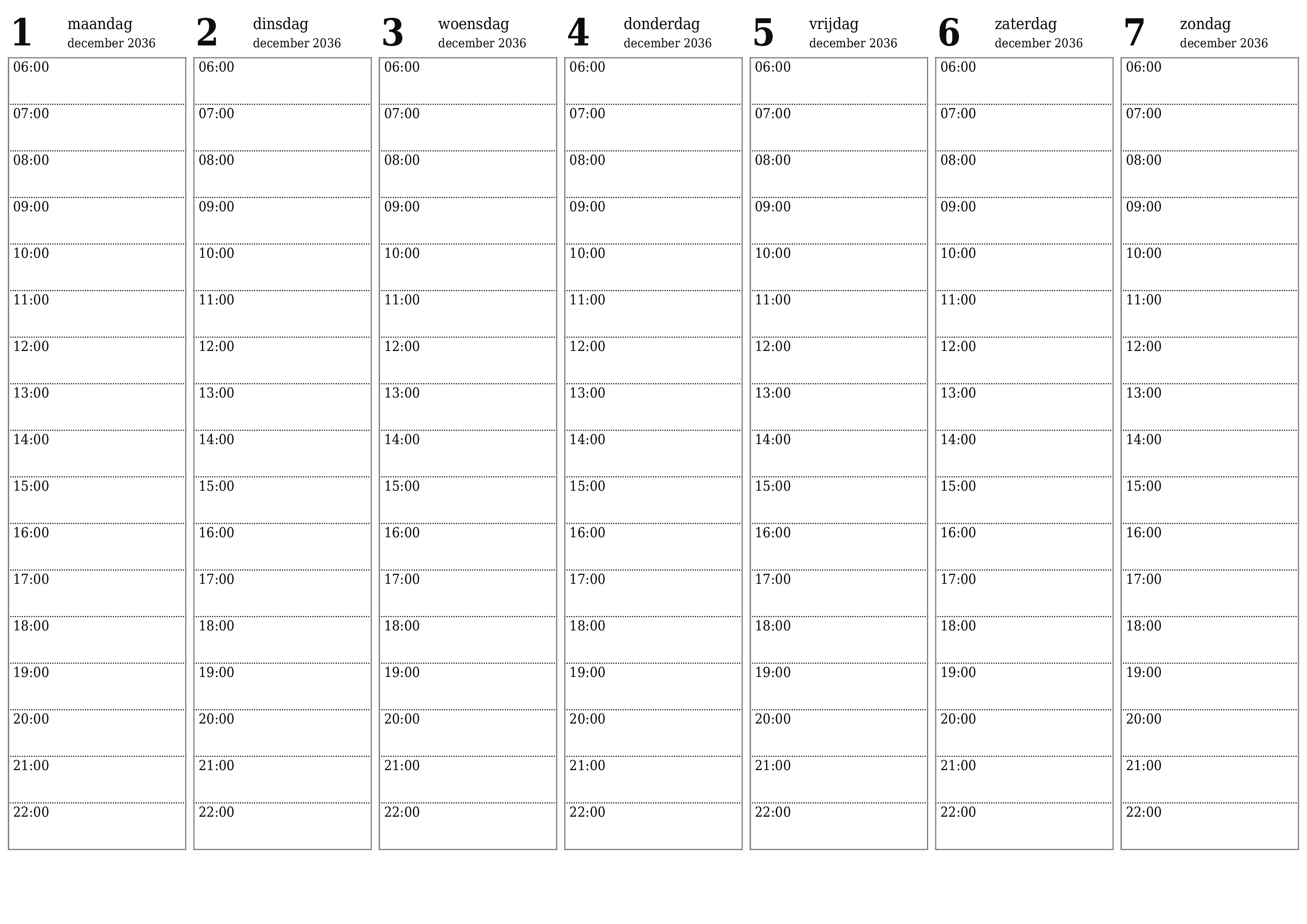 Lege weekplanner voor weken december 2036 met notities, opslaan en afdrukken naar pdf PNG Dutch