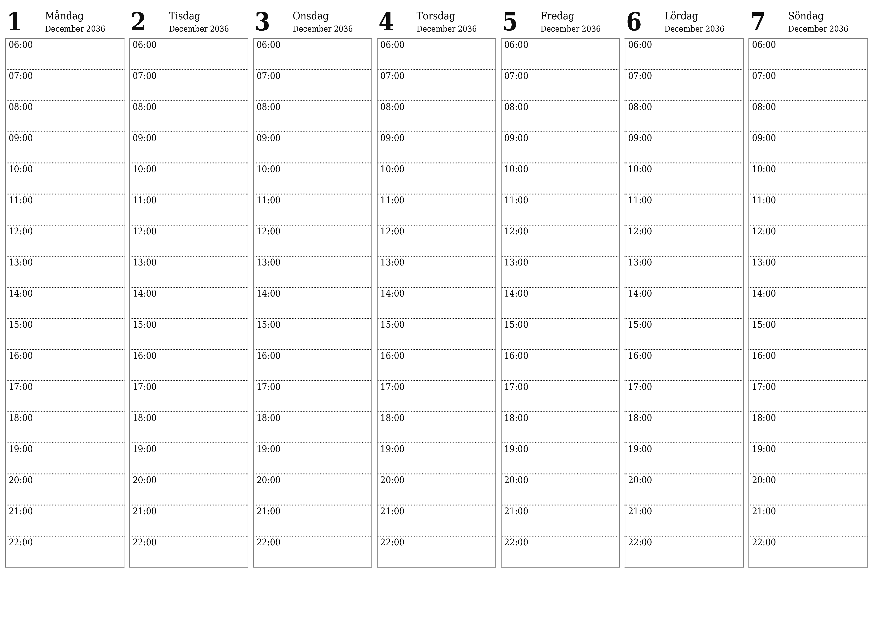 utskrivbar vägg mall gratis horisontell Veckovis planerare kalender December (Dec) 2036