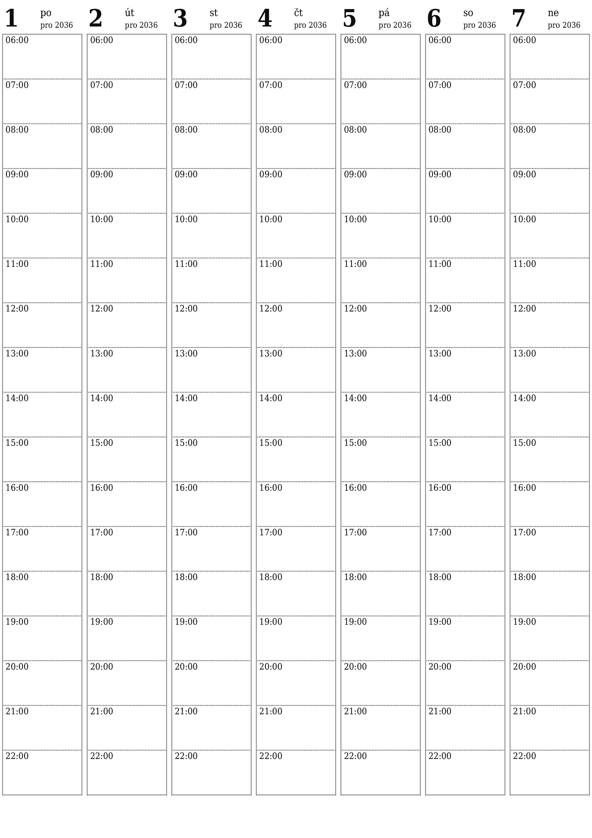 Prázdný týdenní plánovač na týdny prosinec 2036 s poznámkami, uložením a tiskem do PDF PNG Czech
