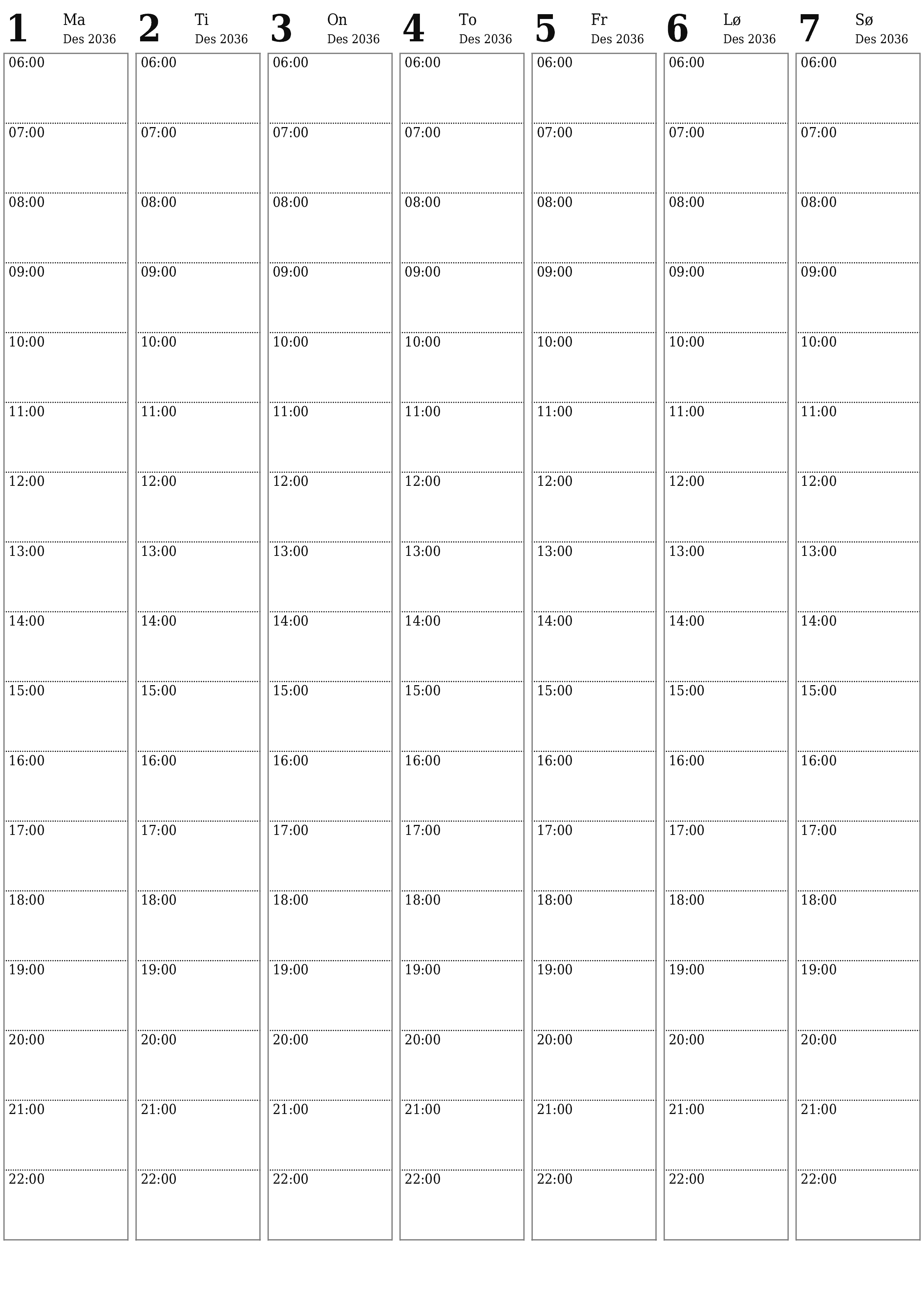 utskrivbar vegg mal gratis vertikal Ukentlig planlegger kalender Desember (Des) 2036