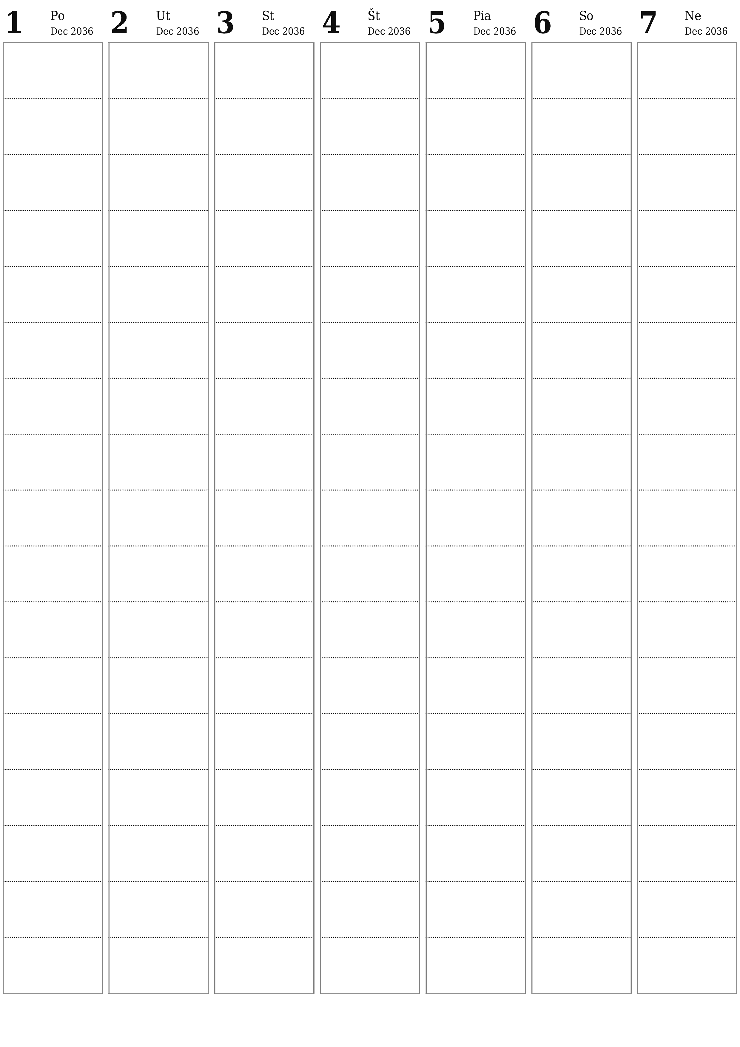 vytlačiteľný nástenný šablóna a bezplatný вертикальный Týždenne plánovač kalendár December (Dec) 2036