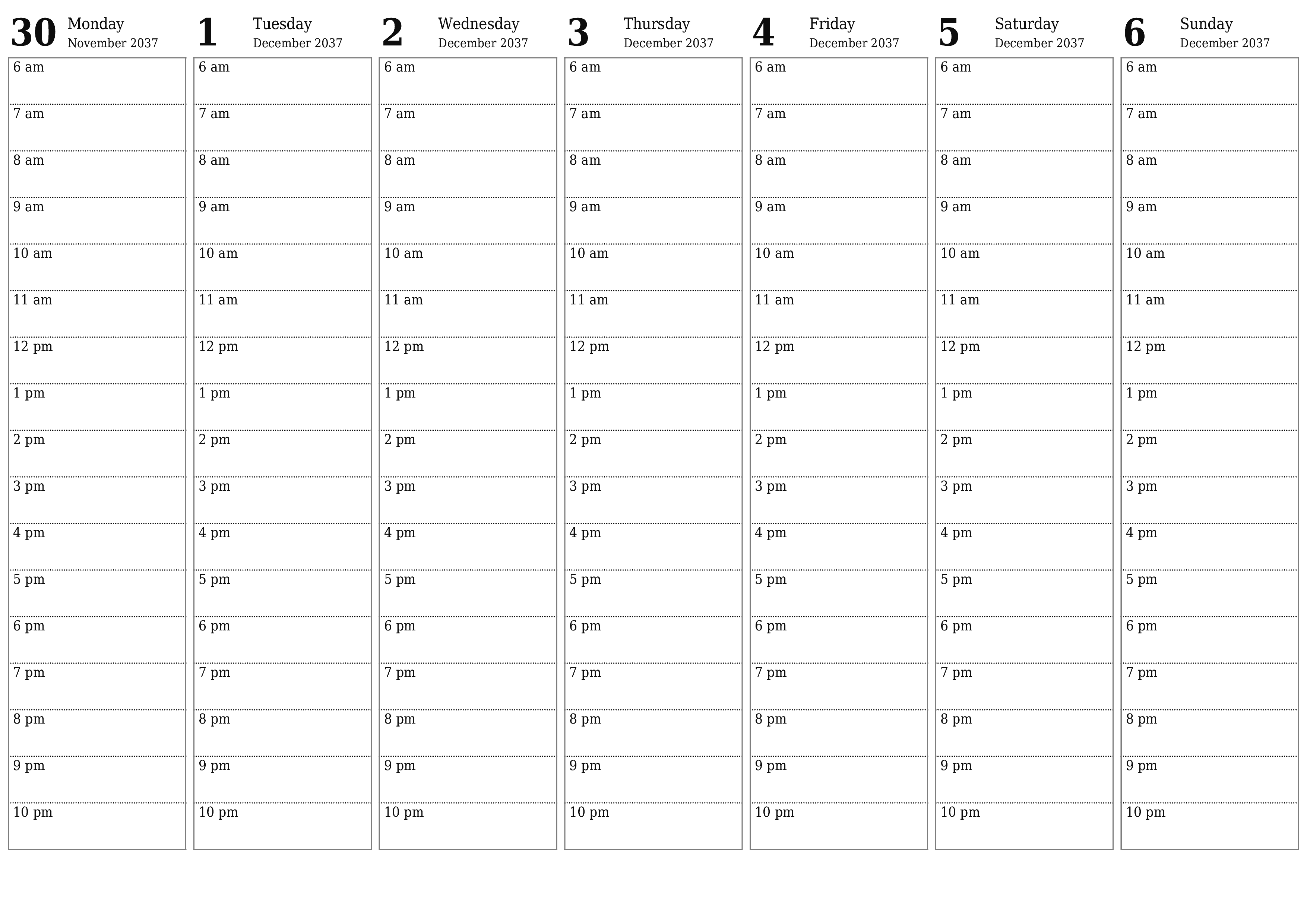 Blank calendar December 2037