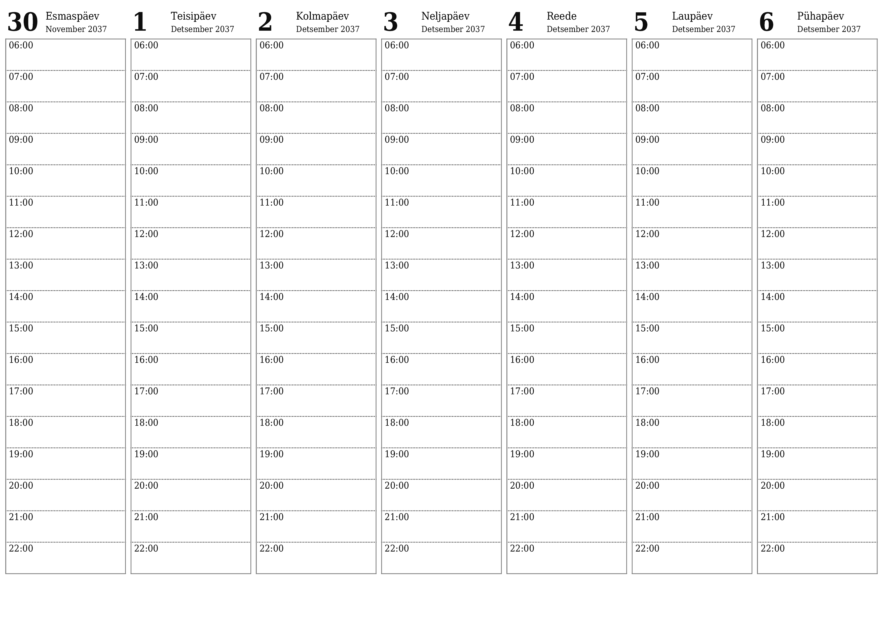 Tühjendage nädala planeerija nädalaid Detsember 2037 märkmetega, salvestage ja printige PDF-i PNG Estonian