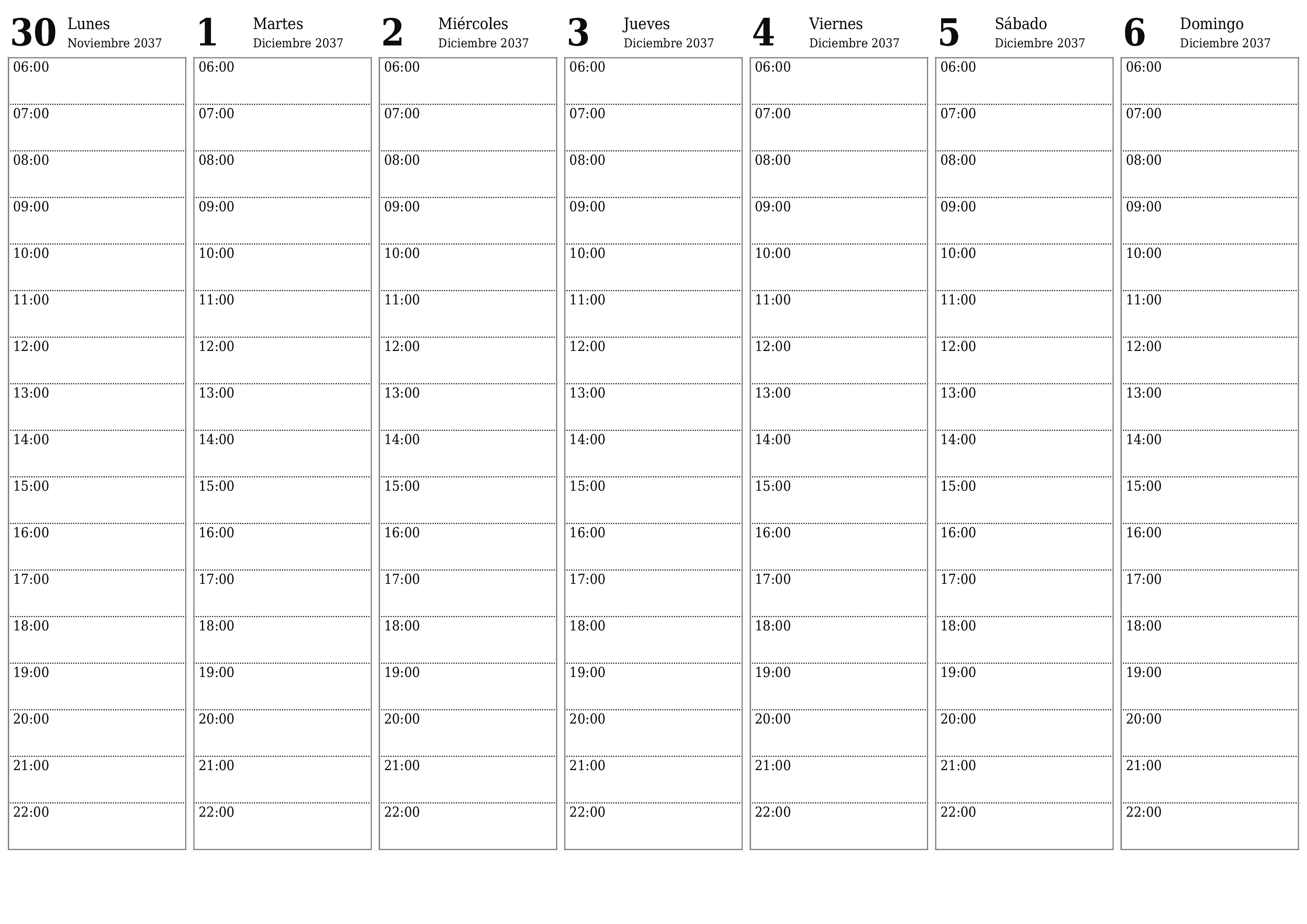 Planificador semanal vacío para semanas Diciembre 2037 con notas, guardar e imprimir en PDF PNG Spanish