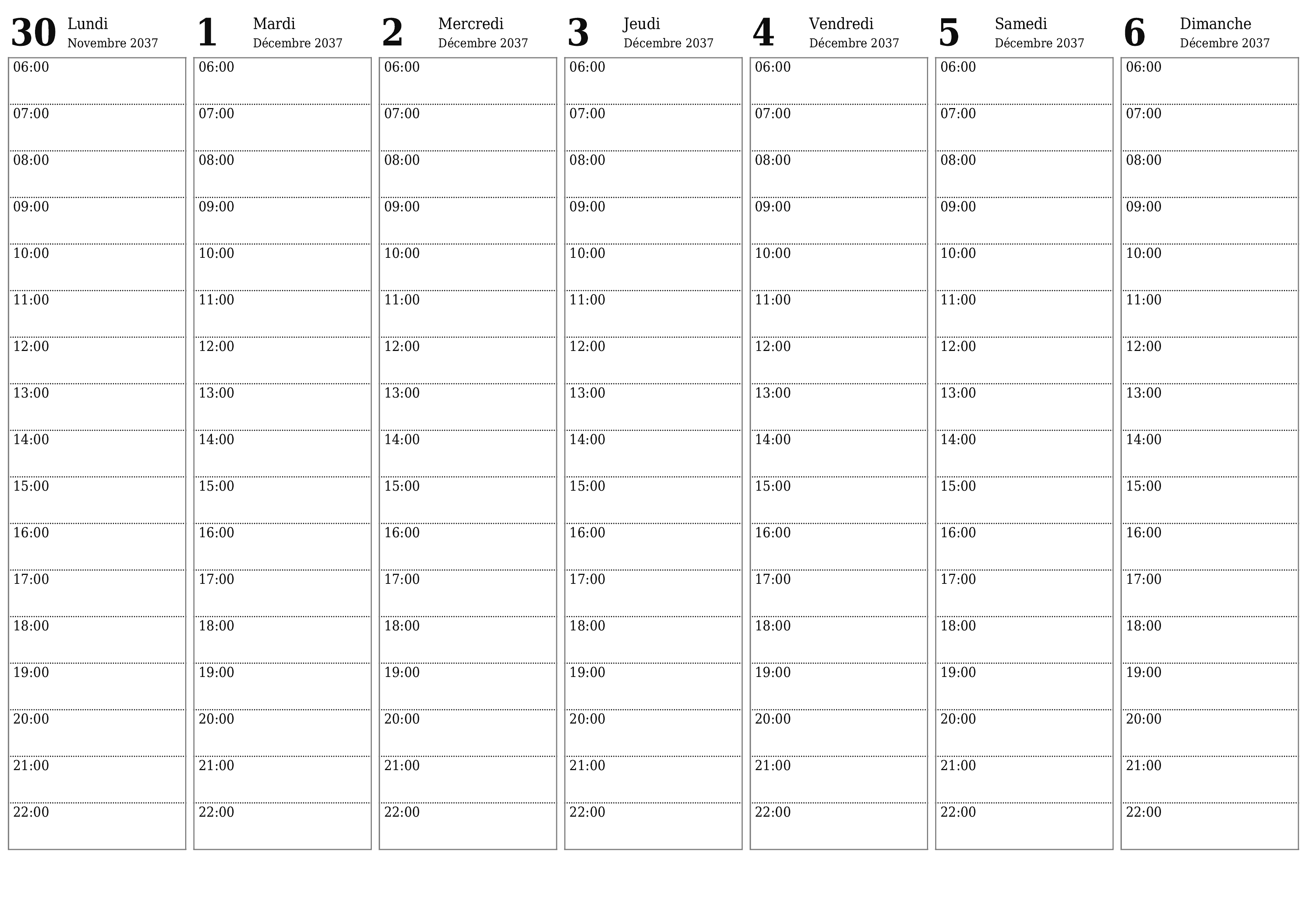 Agenda hebdomadaire vide pendant des semaines Décembre 2037 avec notes, enregistrez et imprimez au format PDF PNG French