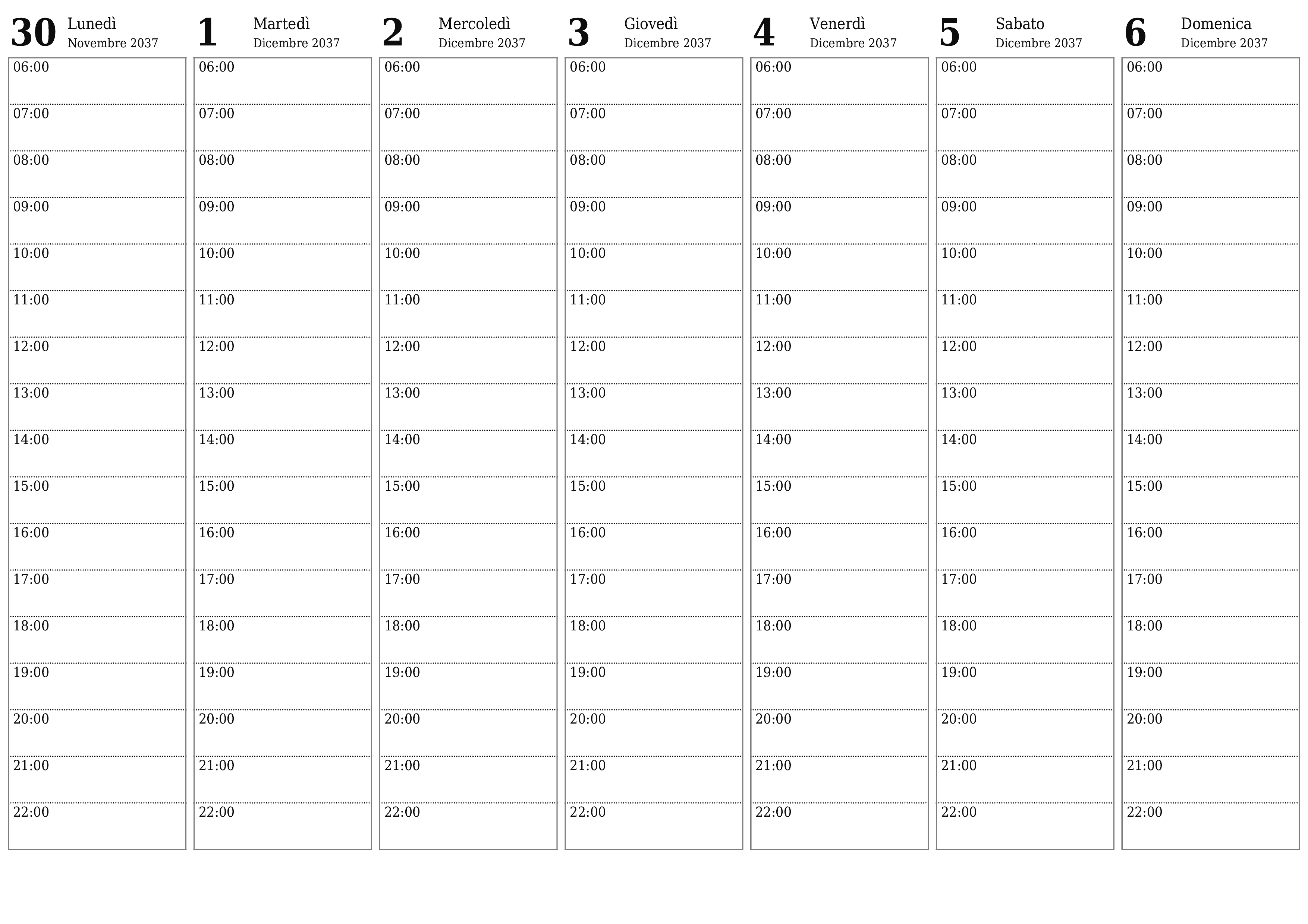 Agenda settimanale vuota per settimane Dicembre 2037 con note, salva e stampa in PDF PNG Italian