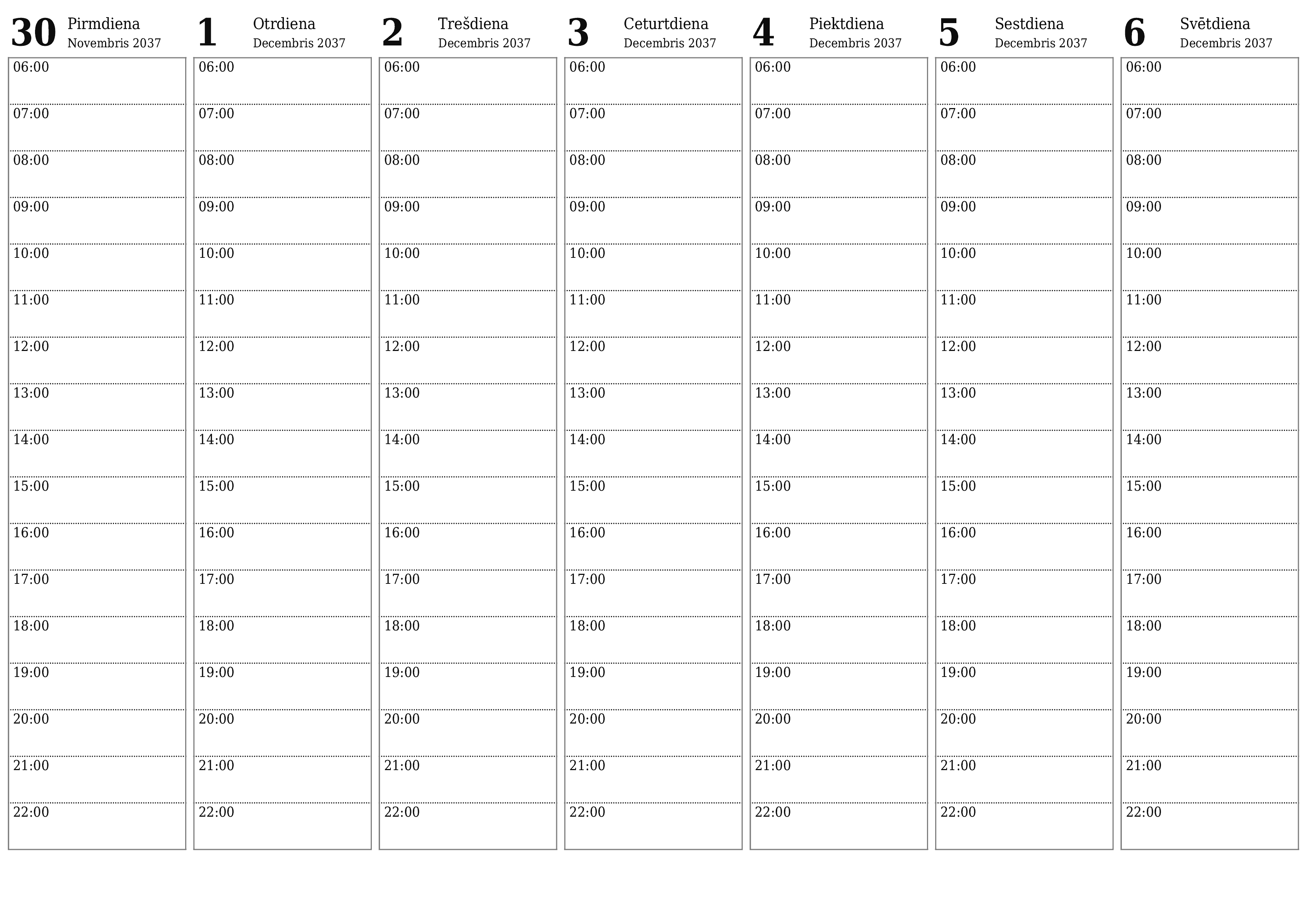 Iztukšojiet nedēļas plānotāju nedēļām Decembris 2037 ar piezīmēm, saglabājiet un izdrukājiet PDF formātā PNG Latvian