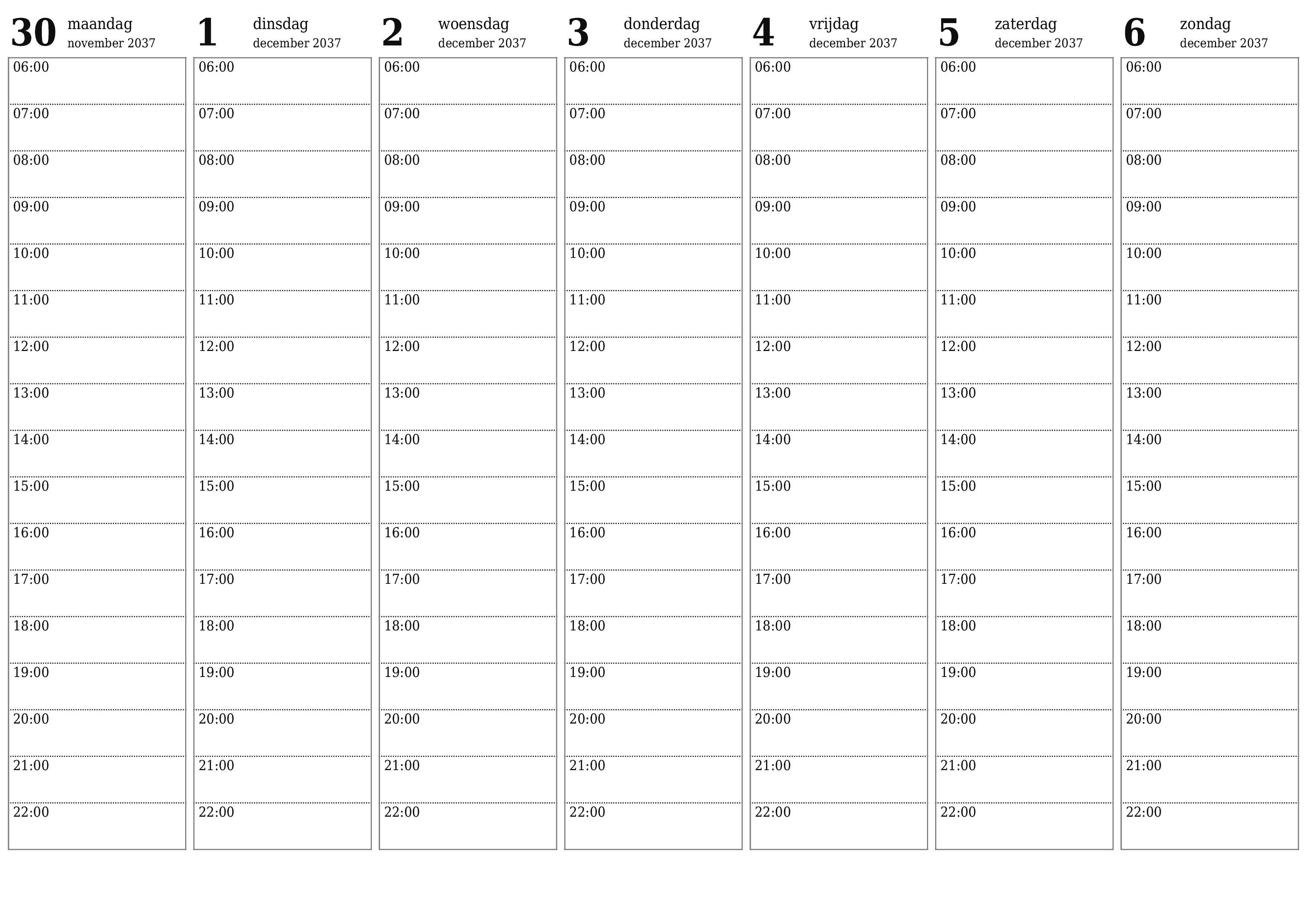 Lege weekplanner voor weken december 2037 met notities, opslaan en afdrukken naar pdf PNG Dutch