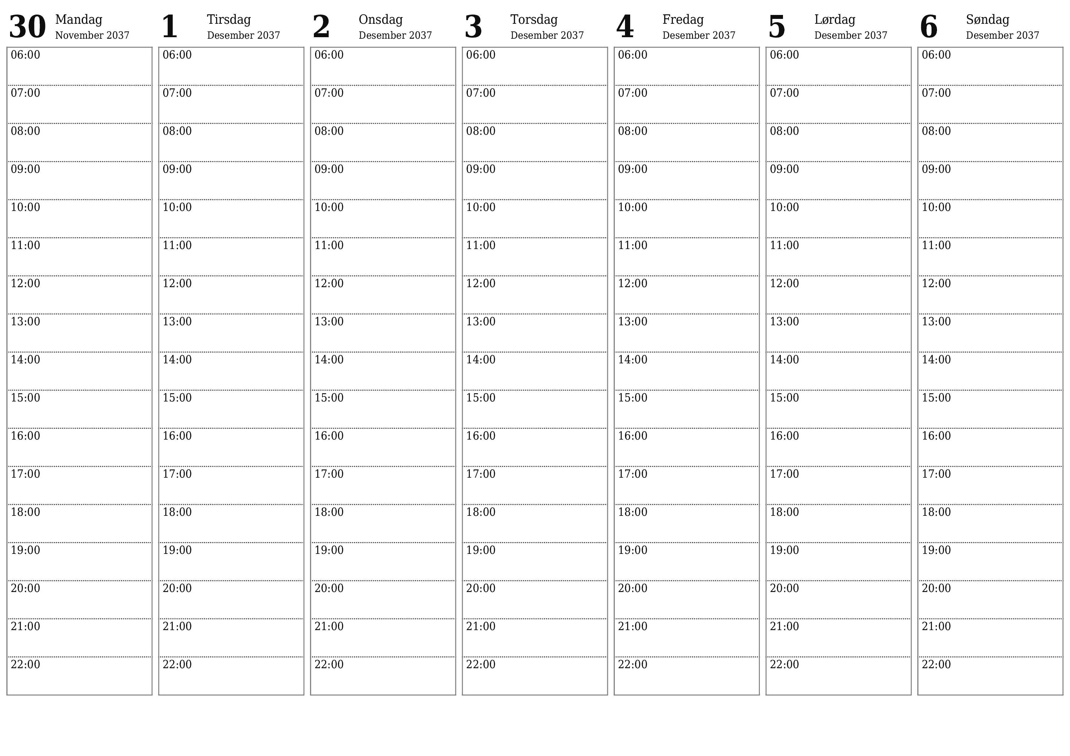 Tøm ukentlig planlegger i uker Desember 2037 med notater, lagre og skriv ut i PDF PNG Norwegian
