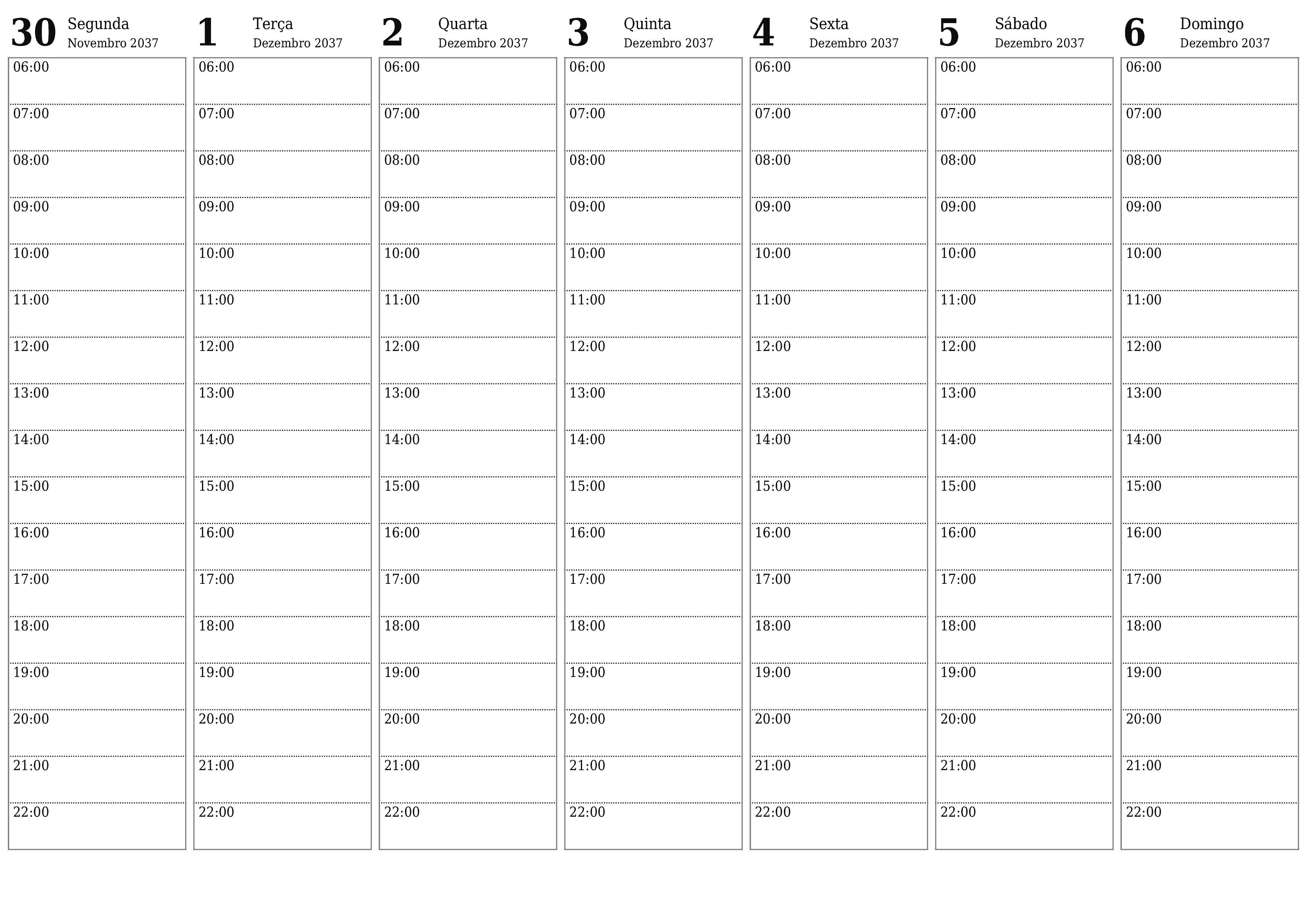 Esvazie o planejador semanal por semanas Dezembro 2037 com notas, salve e imprima em PDF PNG Portuguese