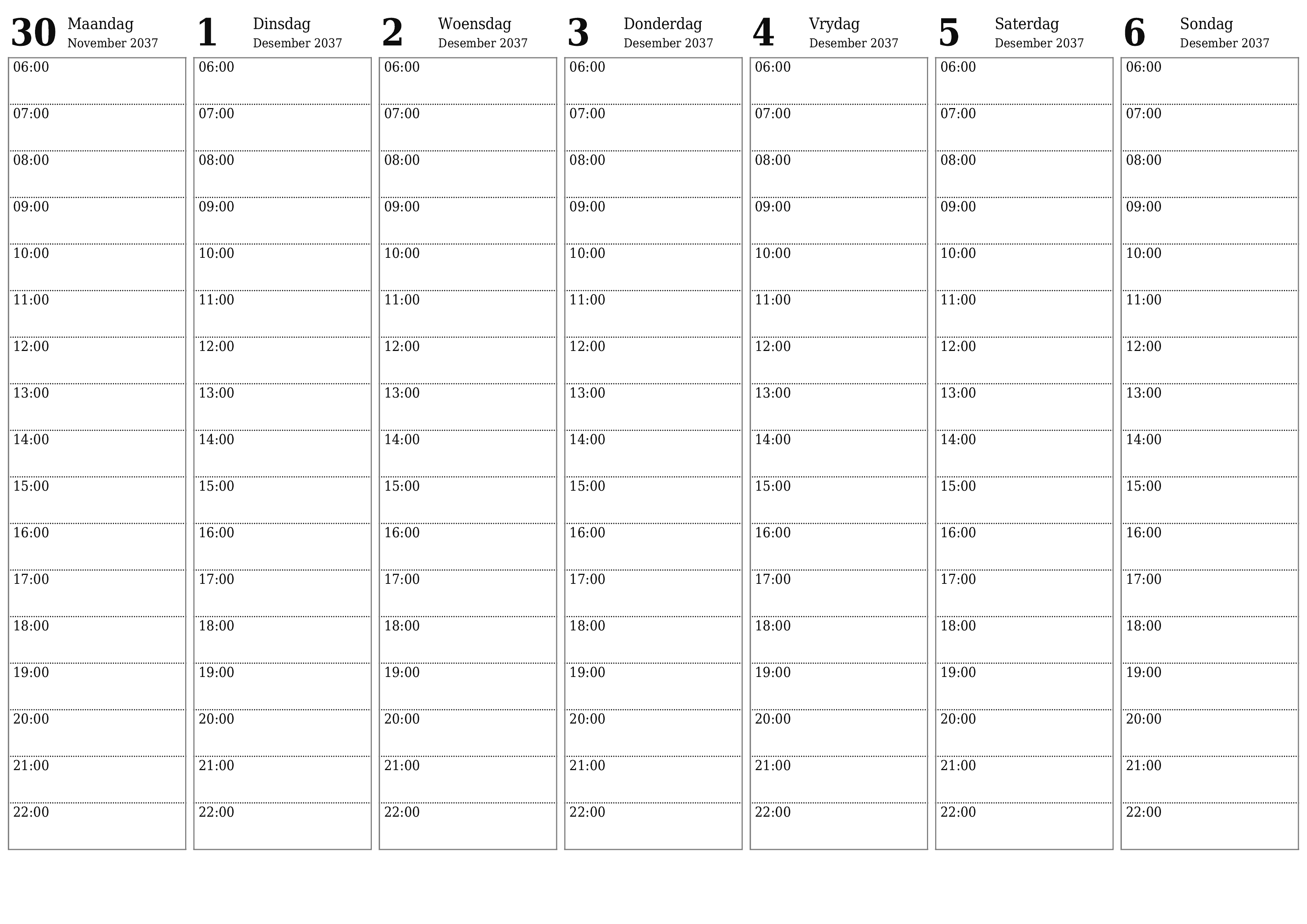 Leë weeklikse drukbare kalender en beplanner vir week Desember 2037 met notas, stoor en druk na PDF PNG Afrikaans