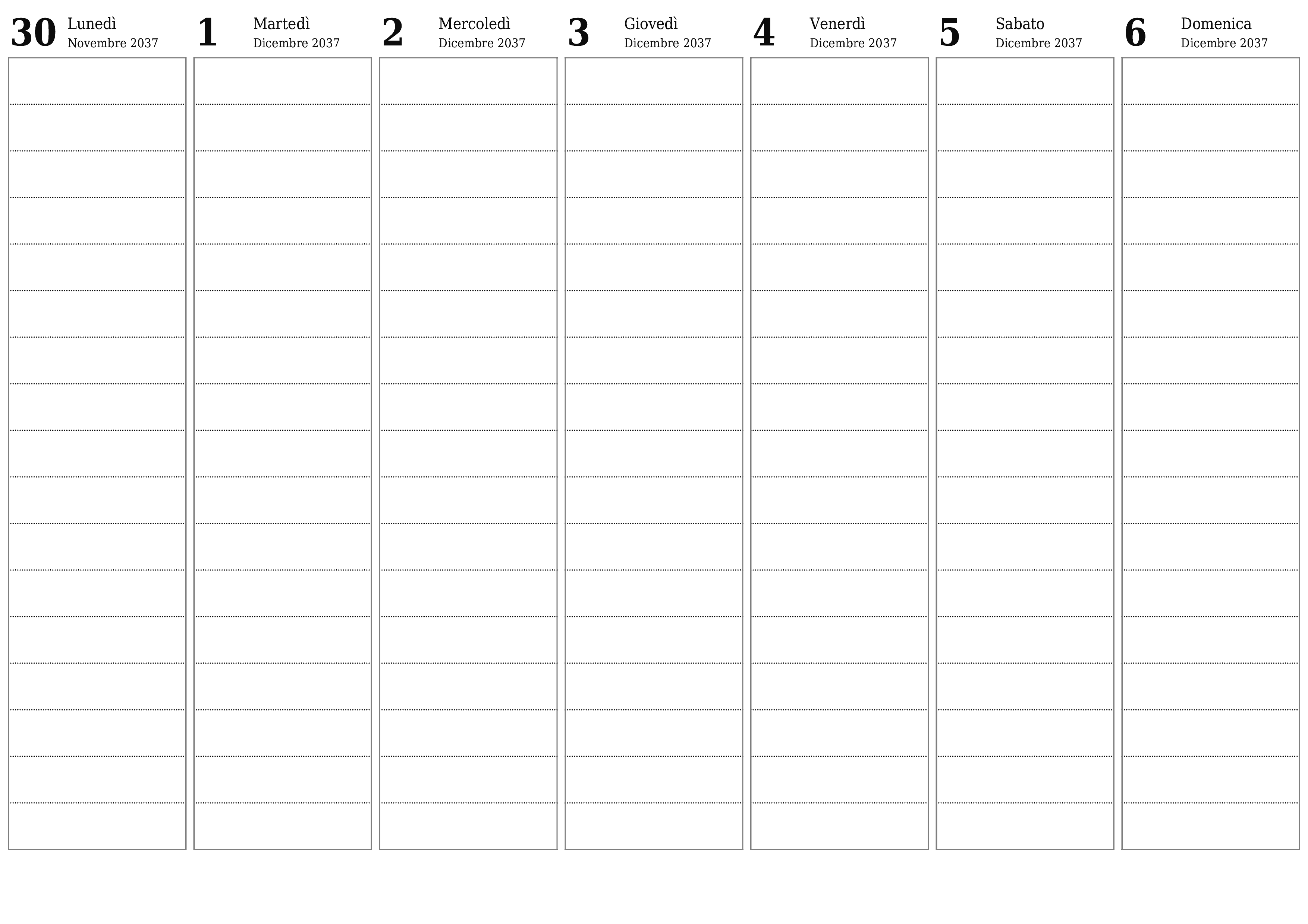 Agenda settimanale vuota per settimane Dicembre 2037 con note, salva e stampa in PDF PNG Italian