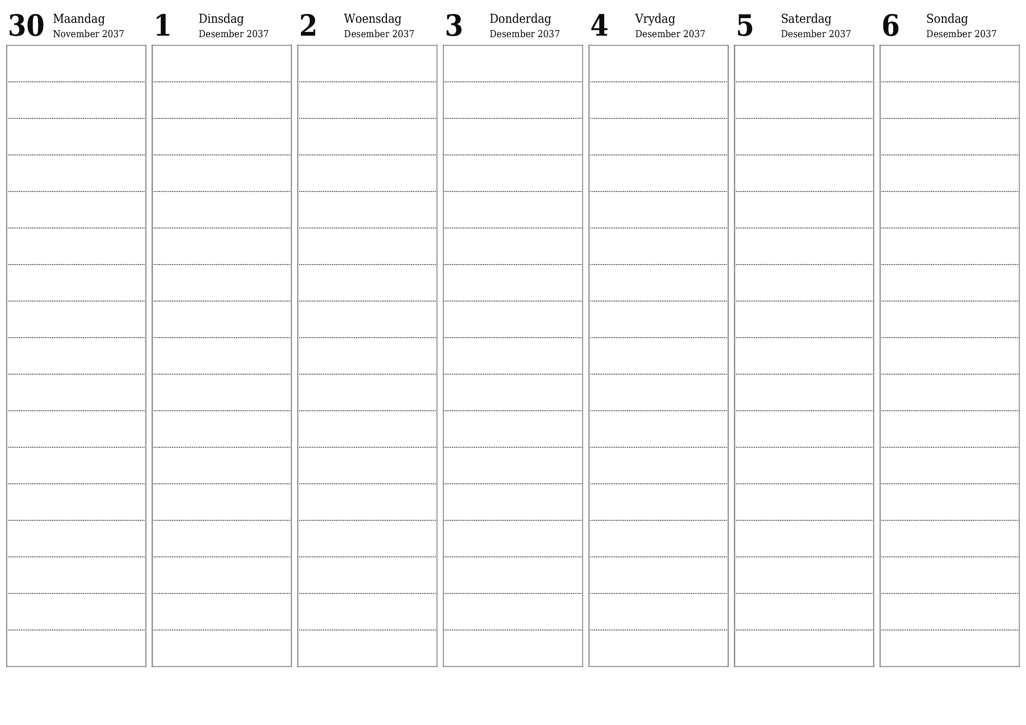 Leë weeklikse drukbare kalender en beplanner vir week Desember 2037 met notas, stoor en druk na PDF PNG Afrikaans