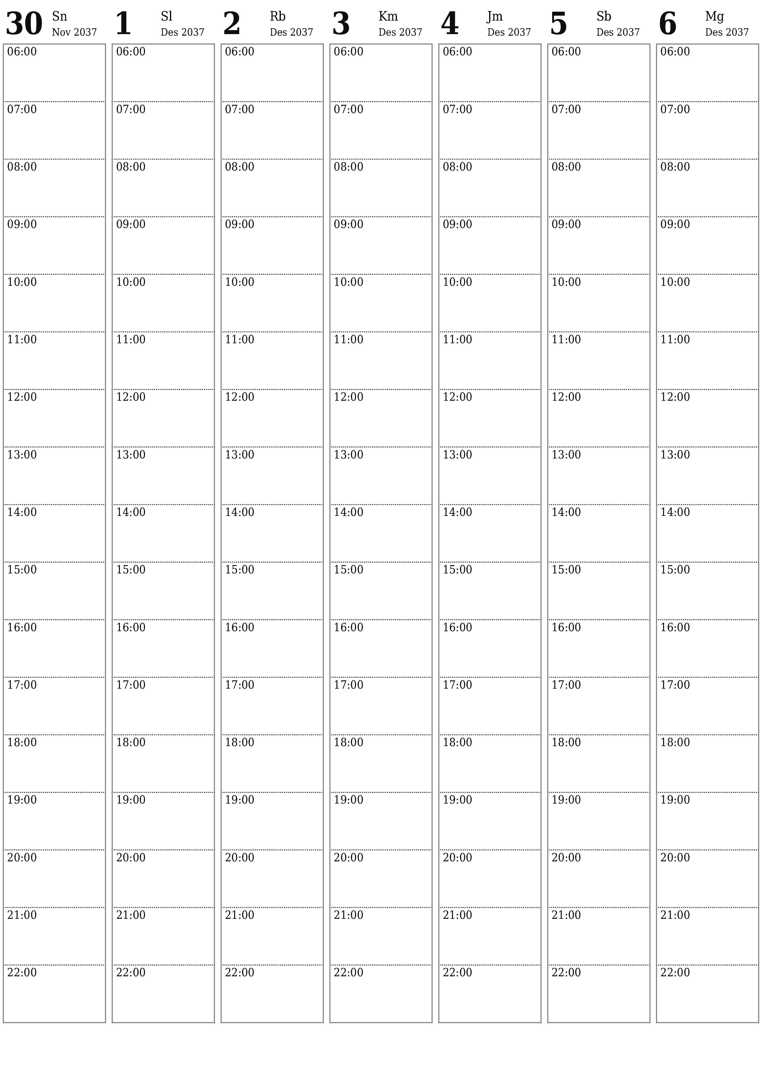  yang dapat dicetak dinding templat gratisvertikal Mingguan perencana kalender Desember (Des) 2037