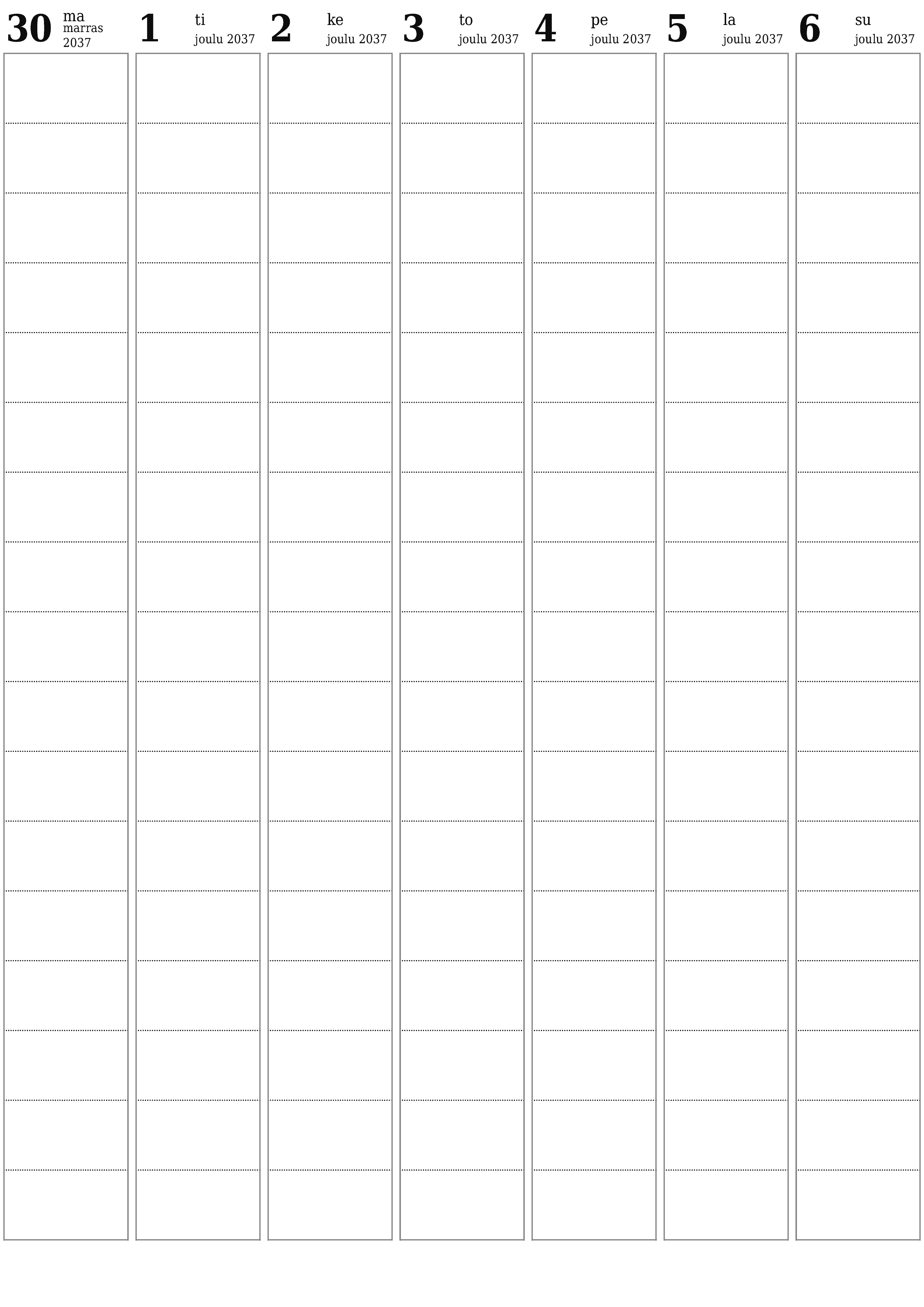 Tyhjennä viikkosuunnittelija viikkojen ajan Joulukuu 2037 muistiinpanoilla, tallenna ja tulosta PDF-muotoon PNG Finnish