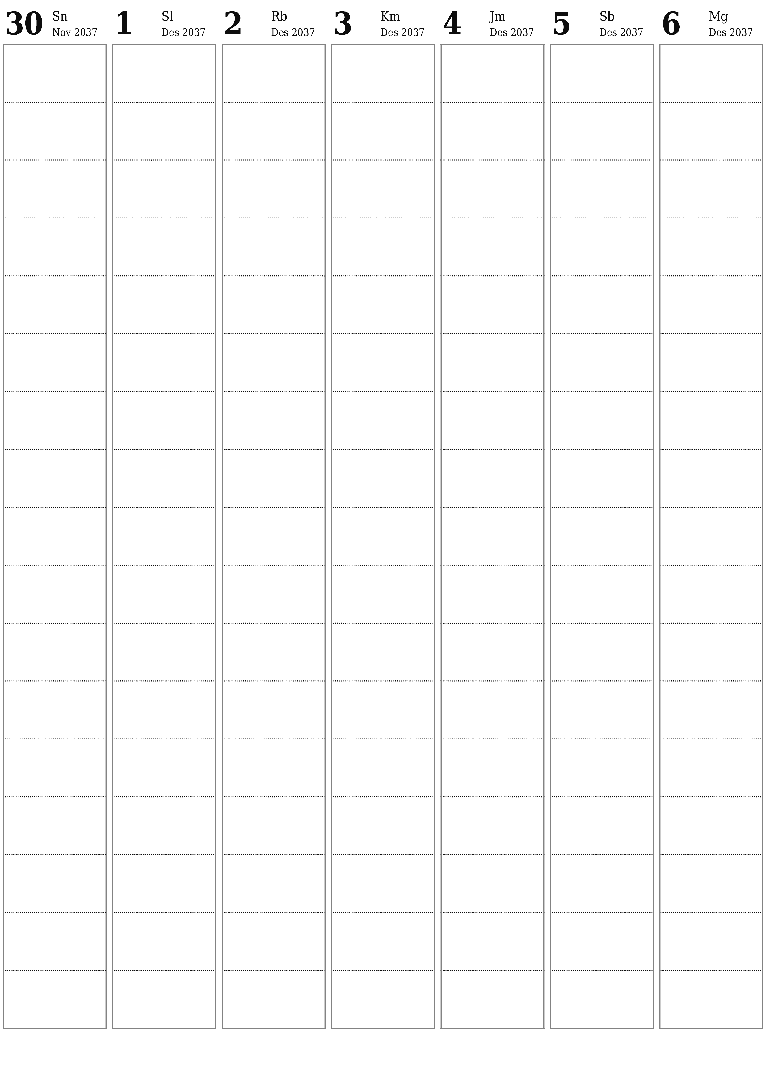  yang dapat dicetak dinding templat gratisvertikal Mingguan perencana kalender Desember (Des) 2037
