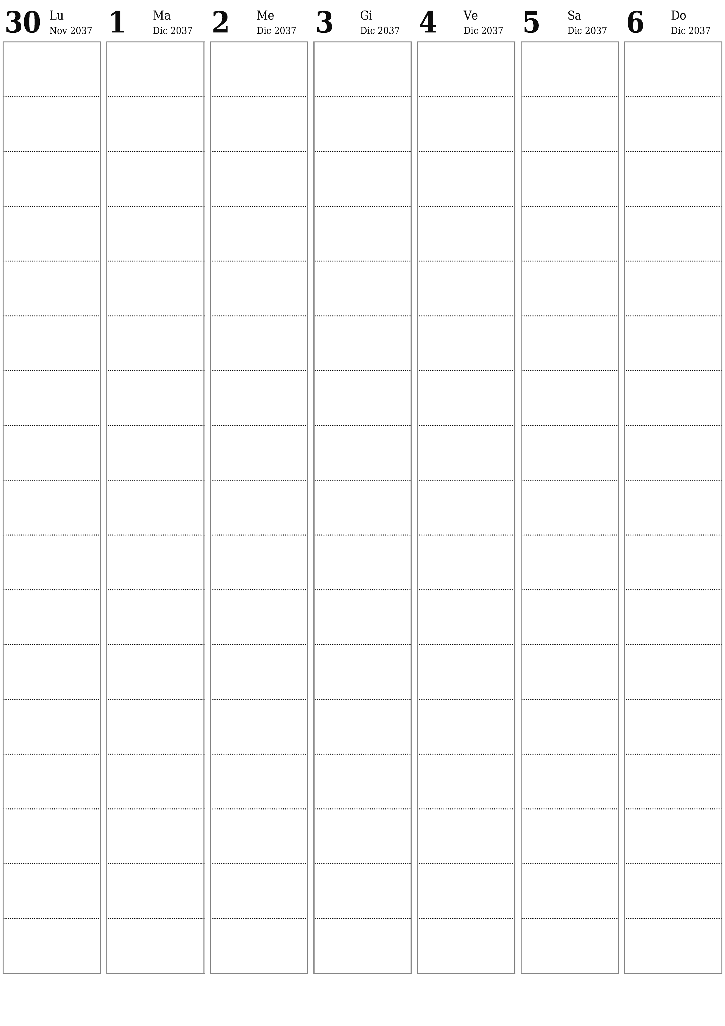 Agenda settimanale vuota per settimane Dicembre 2037 con note, salva e stampa in PDF PNG Italian