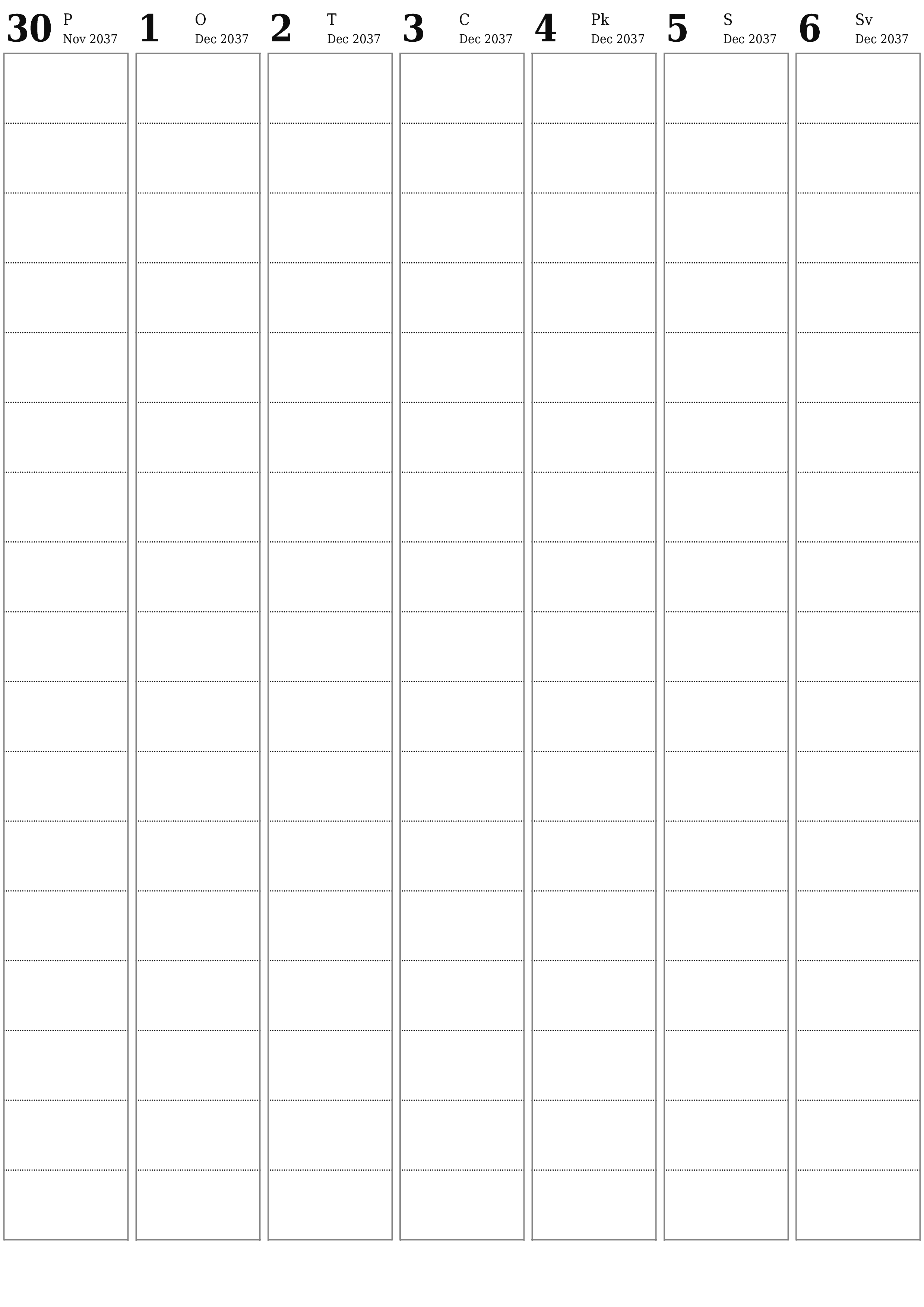izdrukājams sienas kalendāra veidne bezmaksas vertikāli Nedēļas plānotājs kalendārs Decembris (Dec) 2037