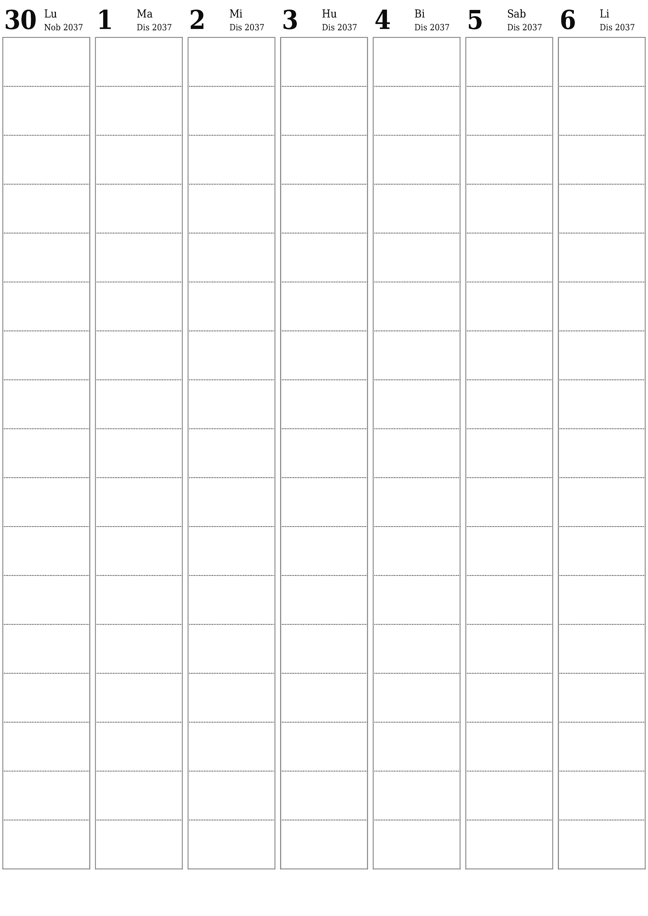 Walang laman lingguhang tagaplano para sa mga linggo Disyembre 2037 na may mga tala, i-save at i-print sa PDF PNG Filipino