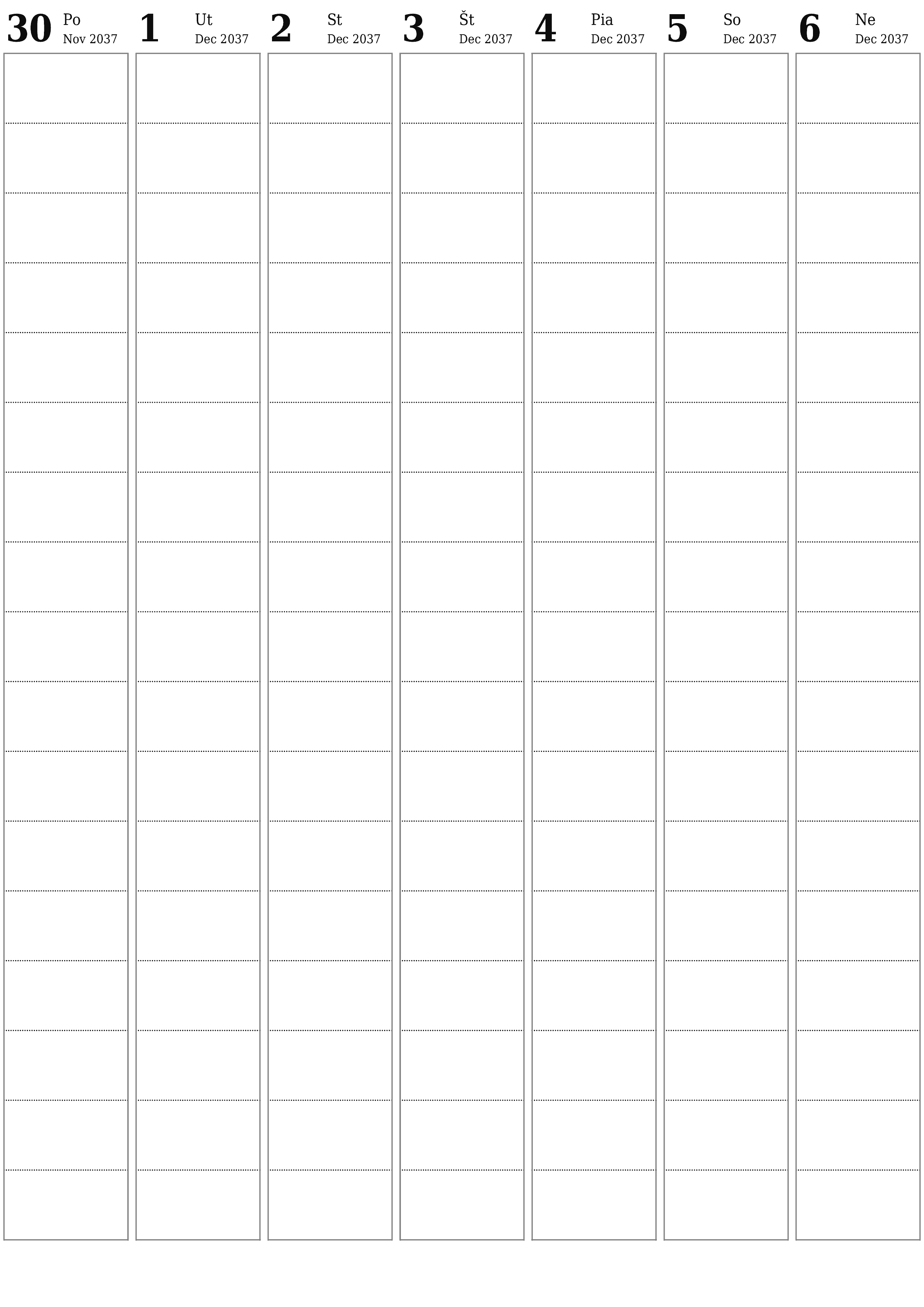 vytlačiteľný nástenný šablóna a bezplatný вертикальный Týždenne plánovač kalendár December (Dec) 2037