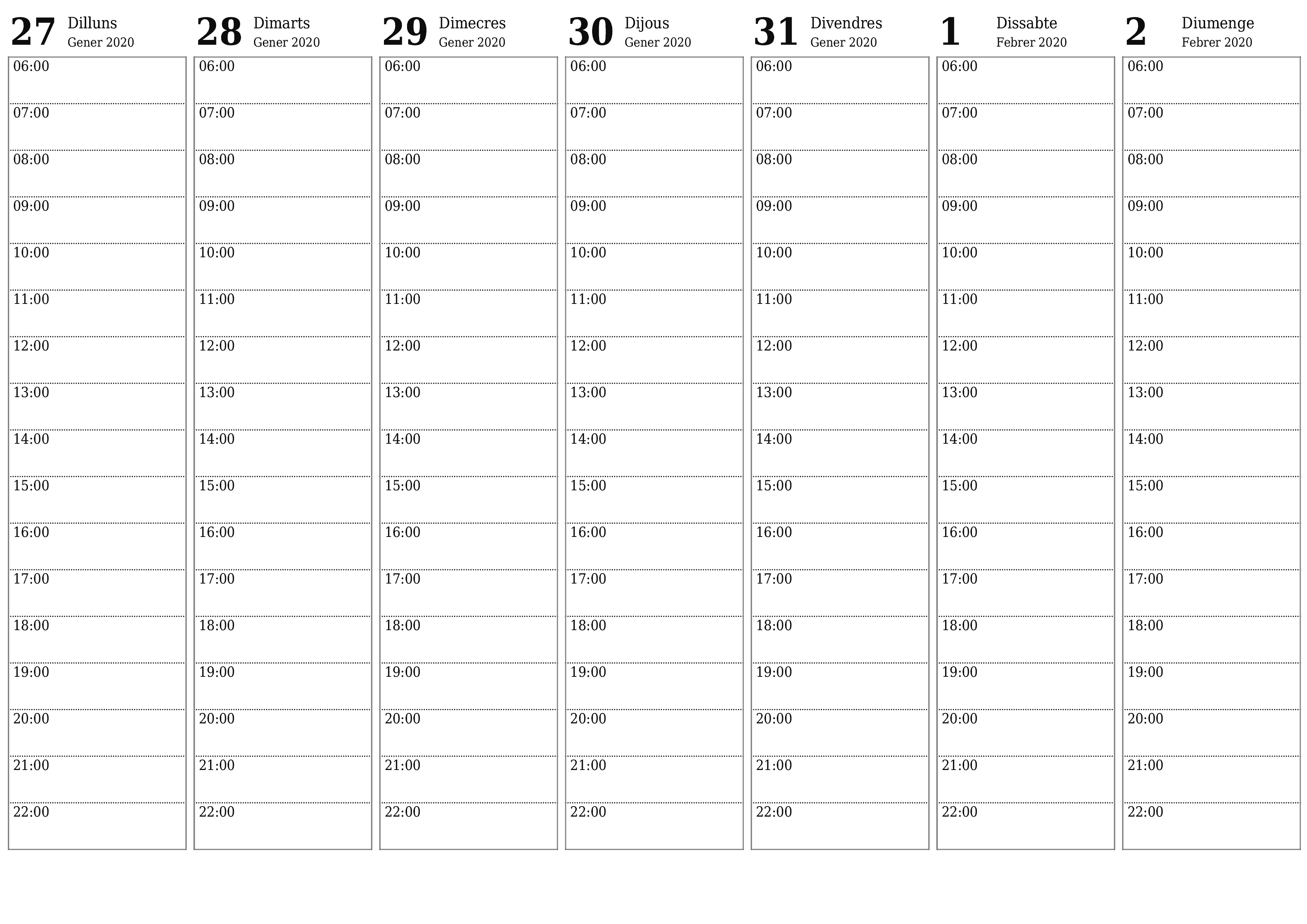 Planificador setmanal buit durant setmanes Febrer 2020 amb notes, deseu-lo i imprimiu-lo en format PDF PNG Catalan