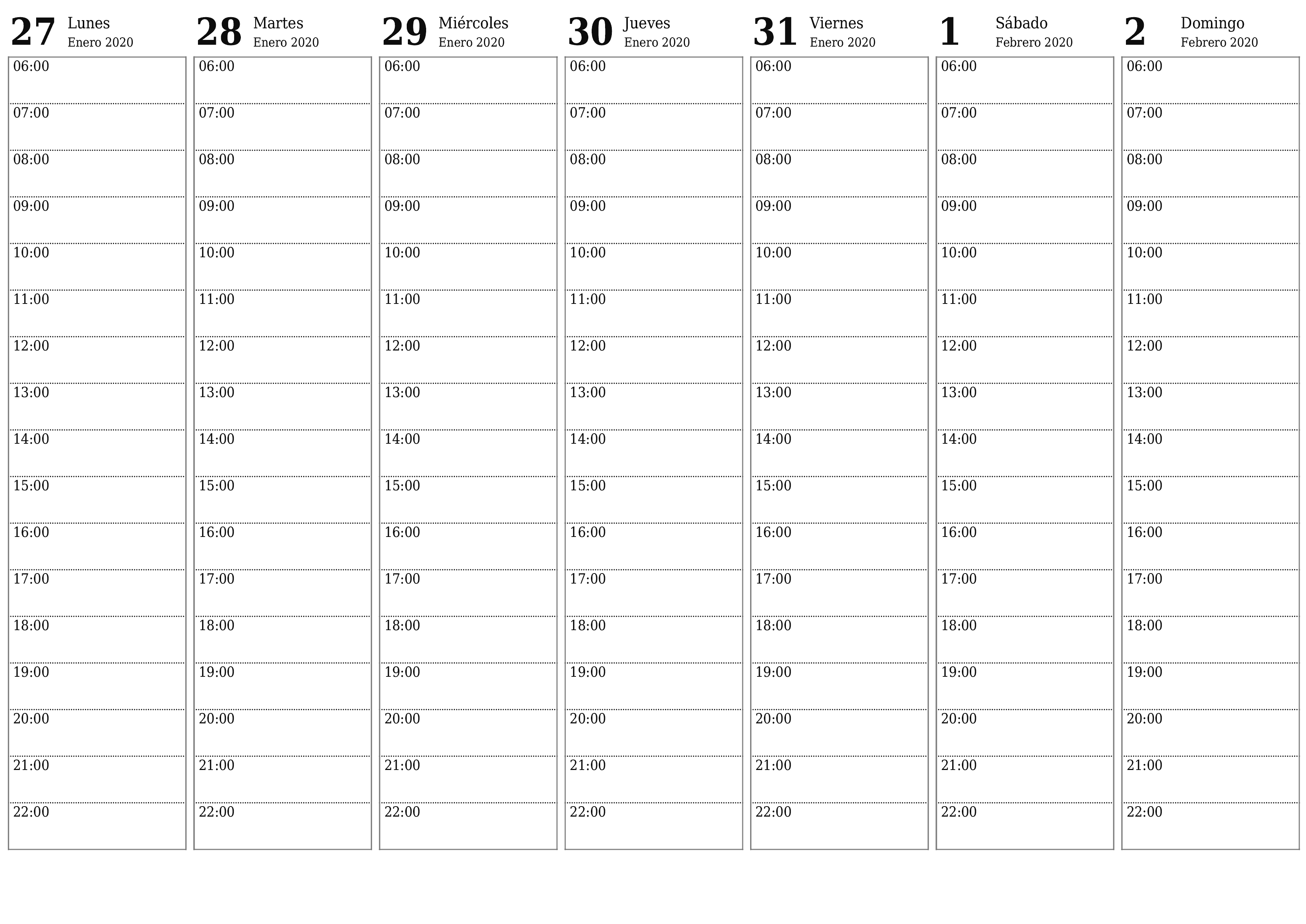 Planificador semanal vacío para semanas Febrero 2020 con notas, guardar e imprimir en PDF PNG Spanish