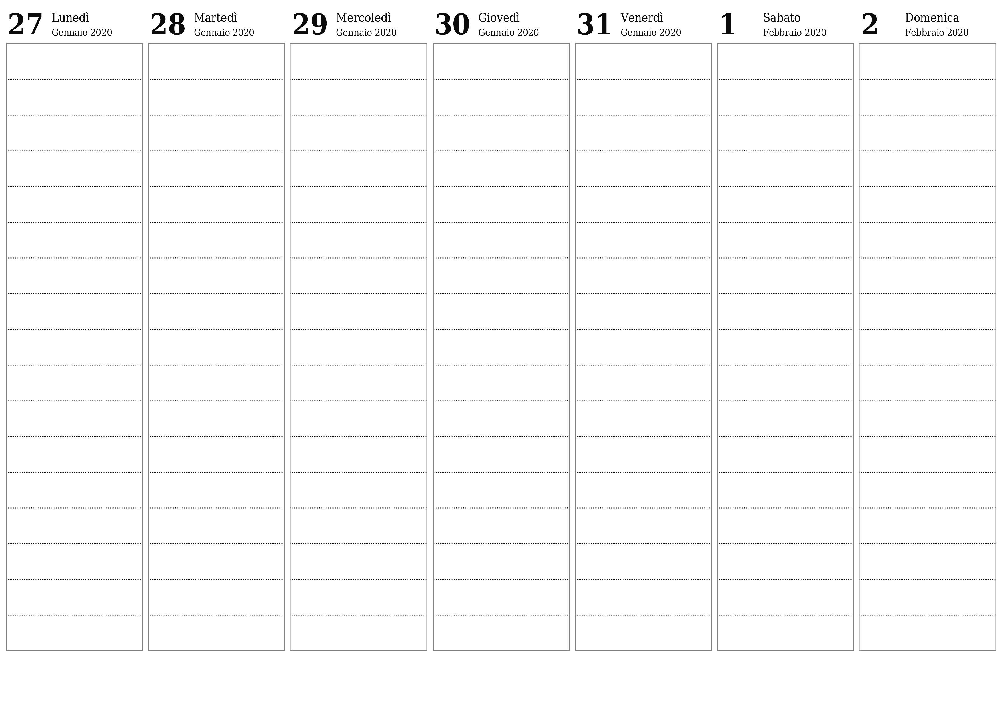 Agenda settimanale vuota per settimane Febbraio 2020 con note, salva e stampa in PDF PNG Italian