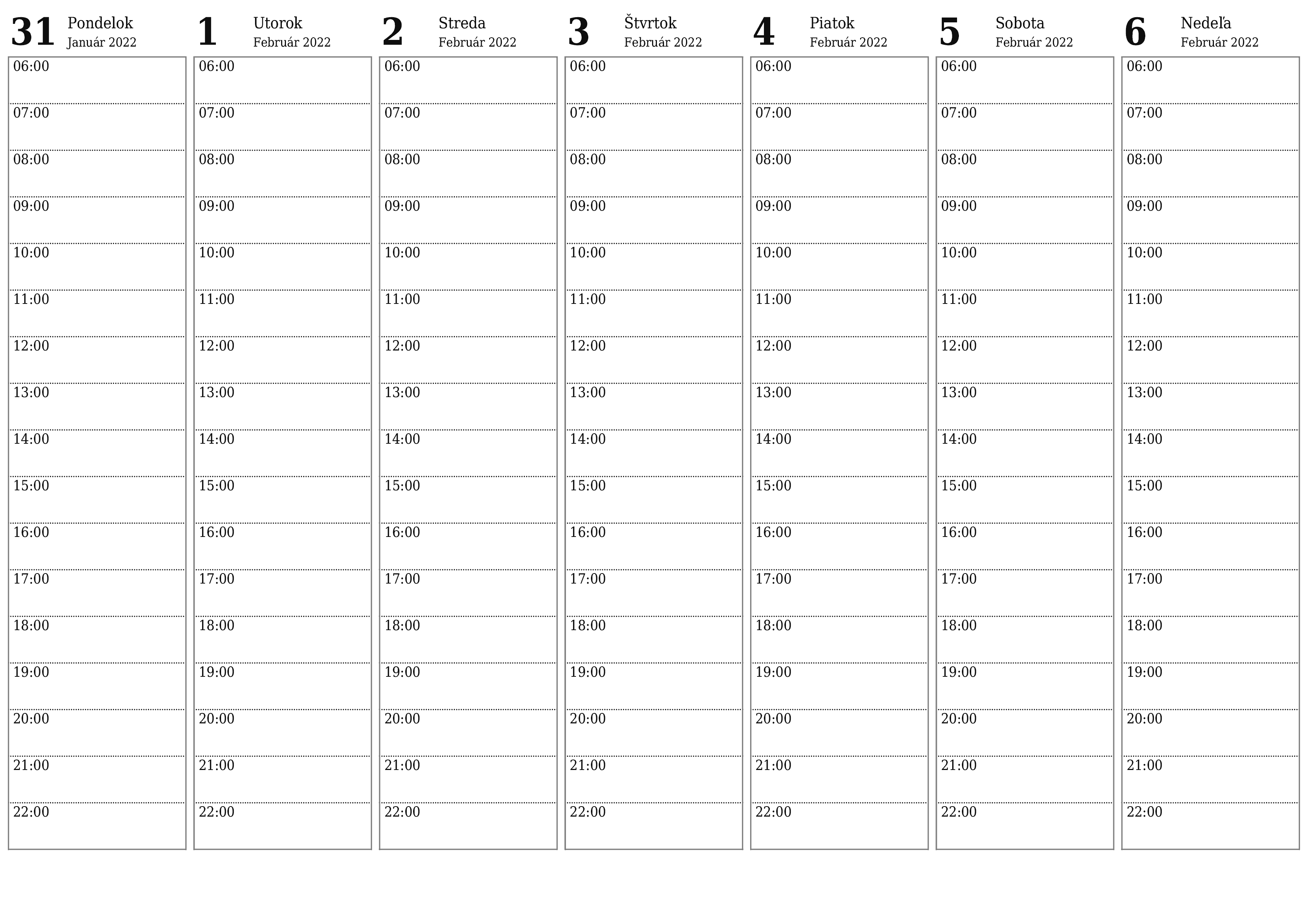 vytlačiteľný nástenný šablóna a bezplatný горизонтальный Týždenne plánovač kalendár Február (Feb) 2022