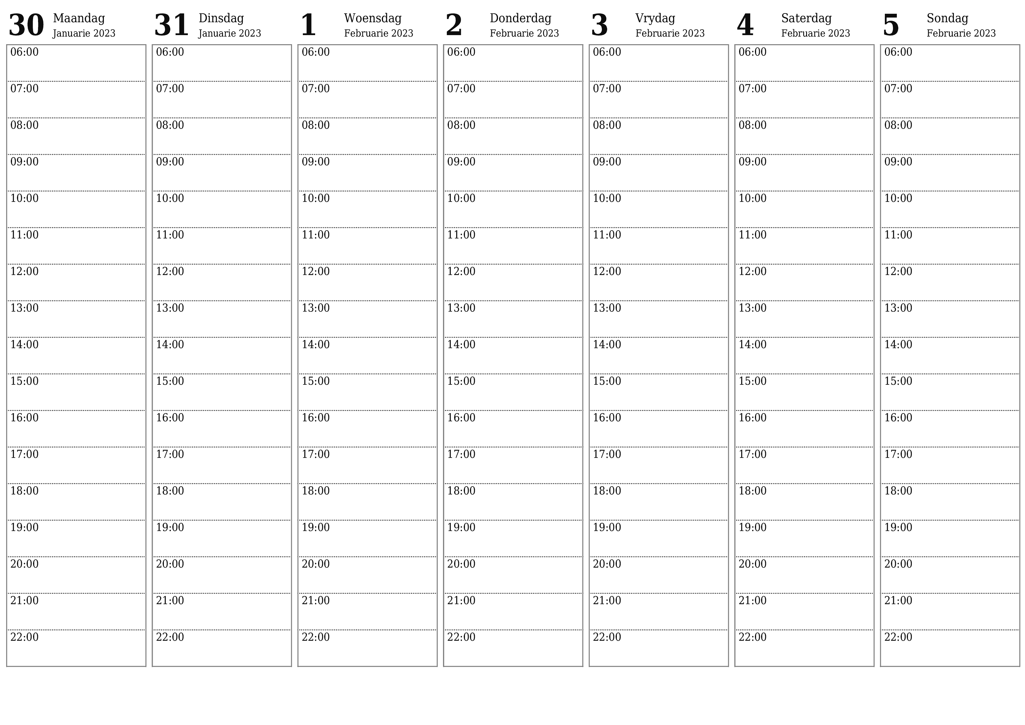 Leë weeklikse drukbare kalender en beplanner vir week Februarie 2023 met notas, stoor en druk na PDF PNG Afrikaans
