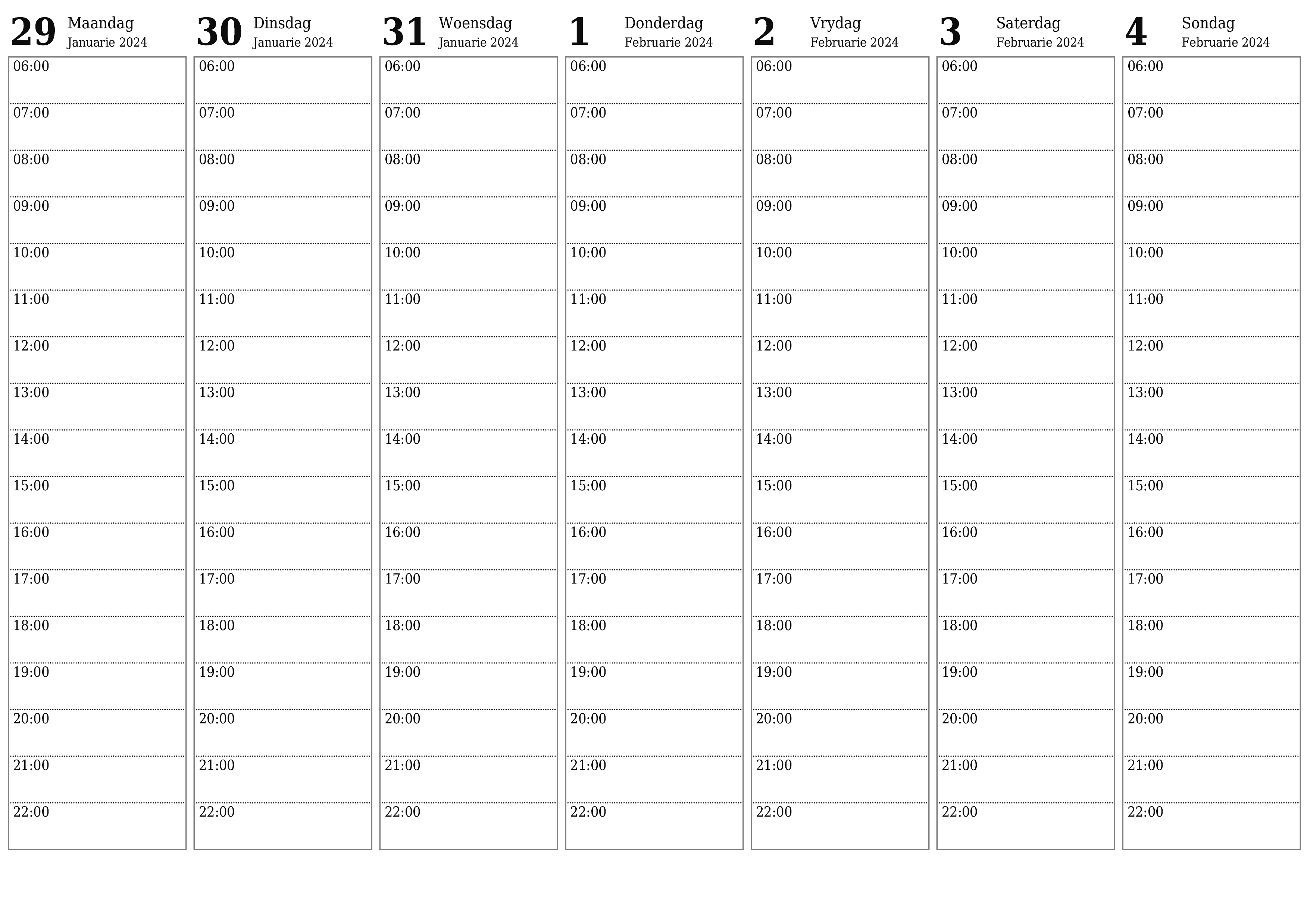 Leë weeklikse drukbare kalender en beplanner vir week Februarie 2024 met notas, stoor en druk na PDF PNG Afrikaans