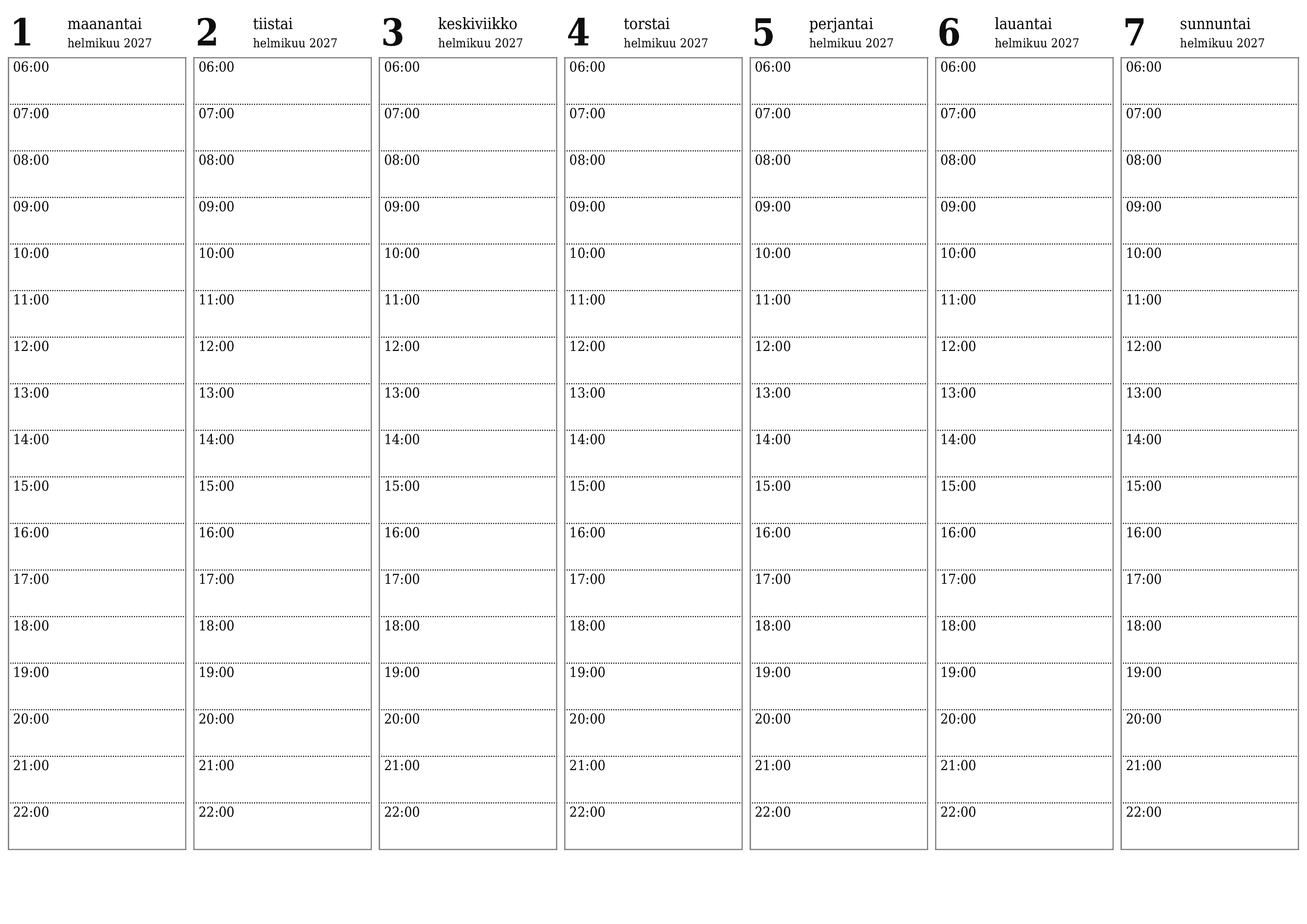 Tyhjennä viikkosuunnittelija viikkojen ajan Helmikuu 2027 muistiinpanoilla, tallenna ja tulosta PDF-muotoon PNG Finnish