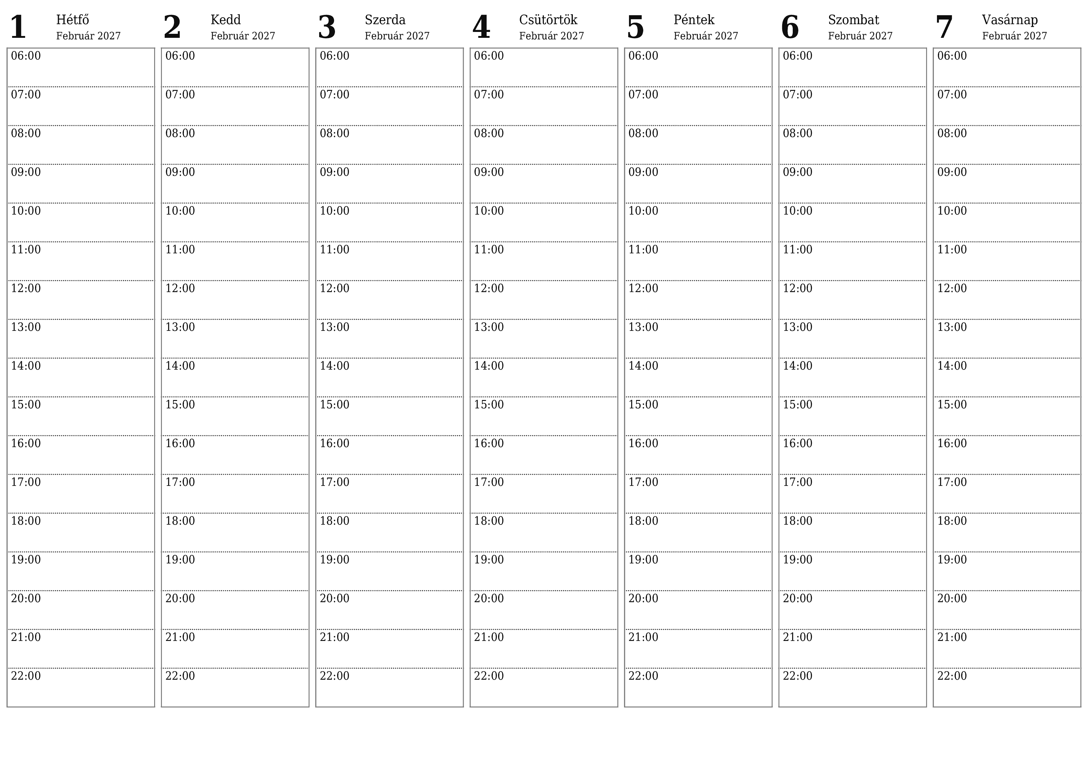 Heti tervező ürítése hetekre Február 2027 jegyzetekkel, mentés és nyomtatás PDF-be PNG Hungarian