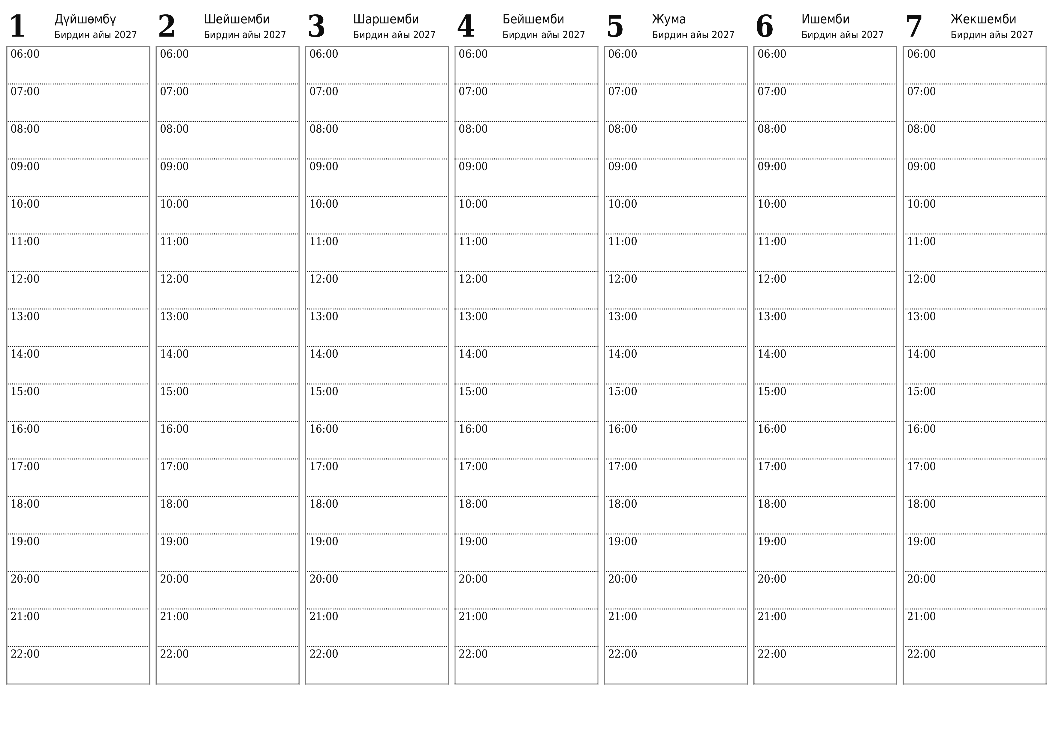 PDF PNG Kyrgyz форматында басып чыгаруу үчүн эскертүүлөр менен Бирдин айы 2027 үчүн бош жумалык календардык пландоочу