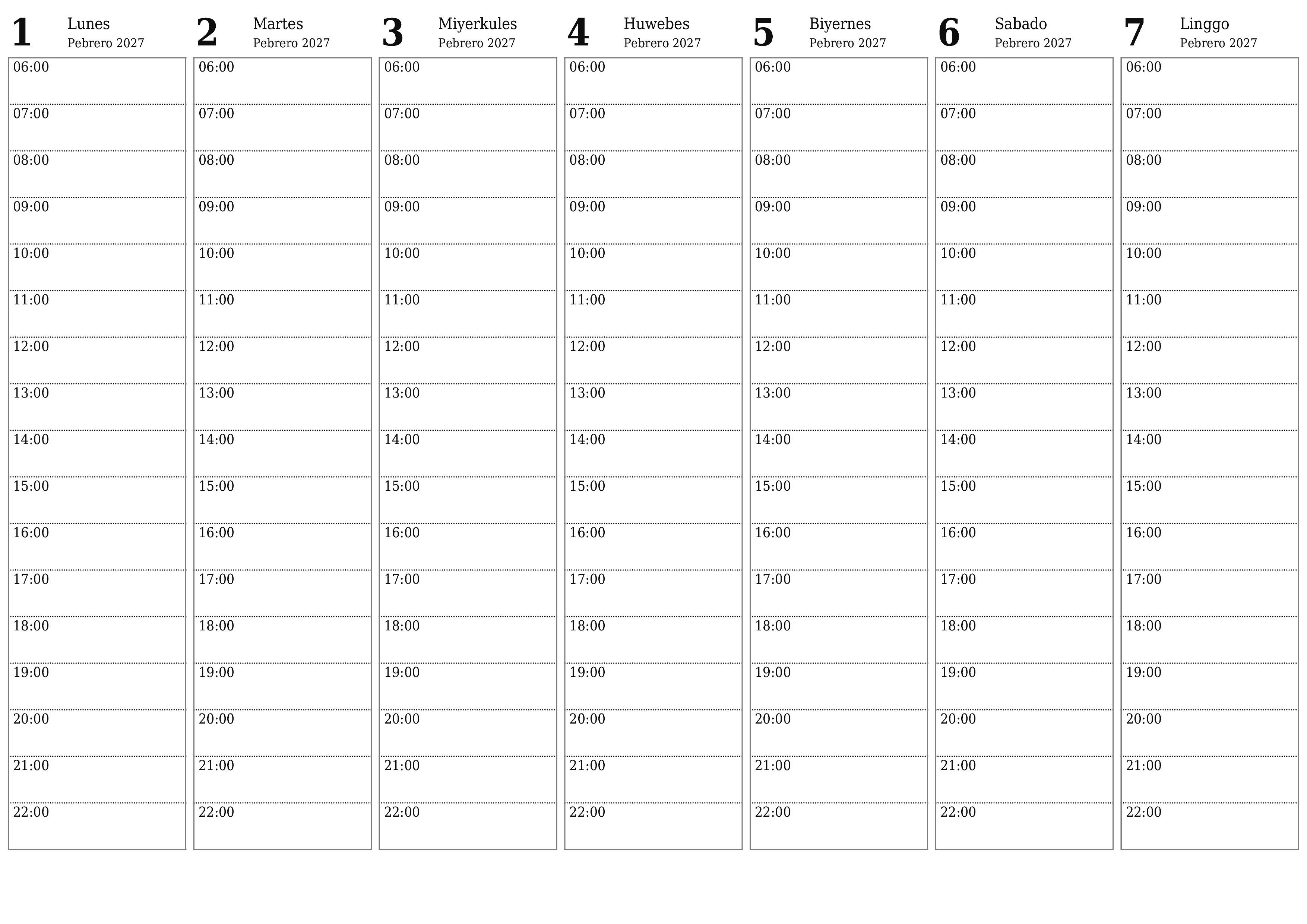 Walang laman lingguhang tagaplano para sa mga linggo Pebrero 2027 na may mga tala, i-save at i-print sa PDF PNG Filipino