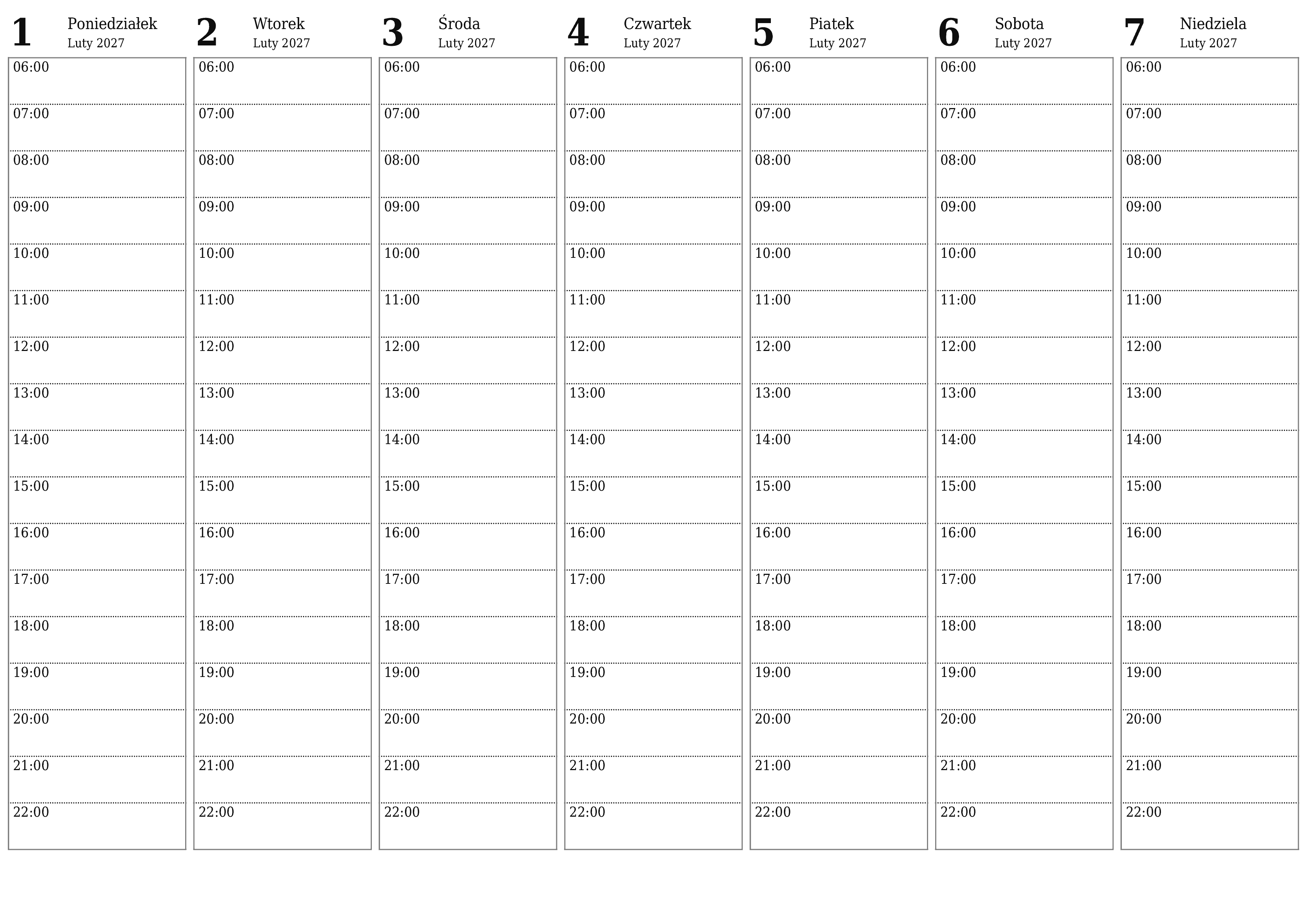 Opróżnij tygodniowy planer na tygodnie Luty 2027 z notatkami, zapisz i wydrukuj w formacie PDF PNG Polish