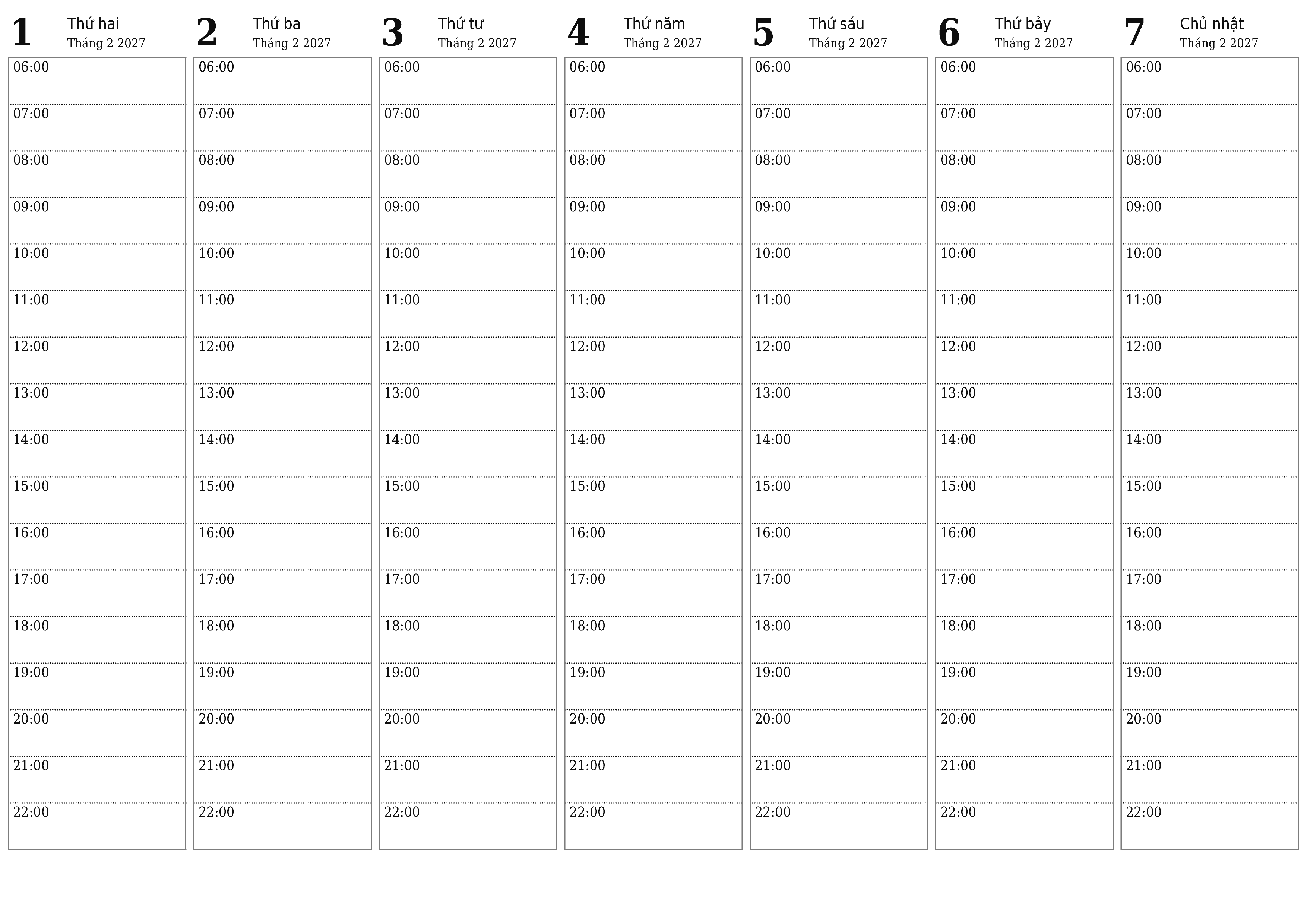 Công cụ lập kế hoạch hàng tuần trống trong tuần Tháng 2 2027 có ghi chú, lưu và in sang PDF PNG Vietnamese